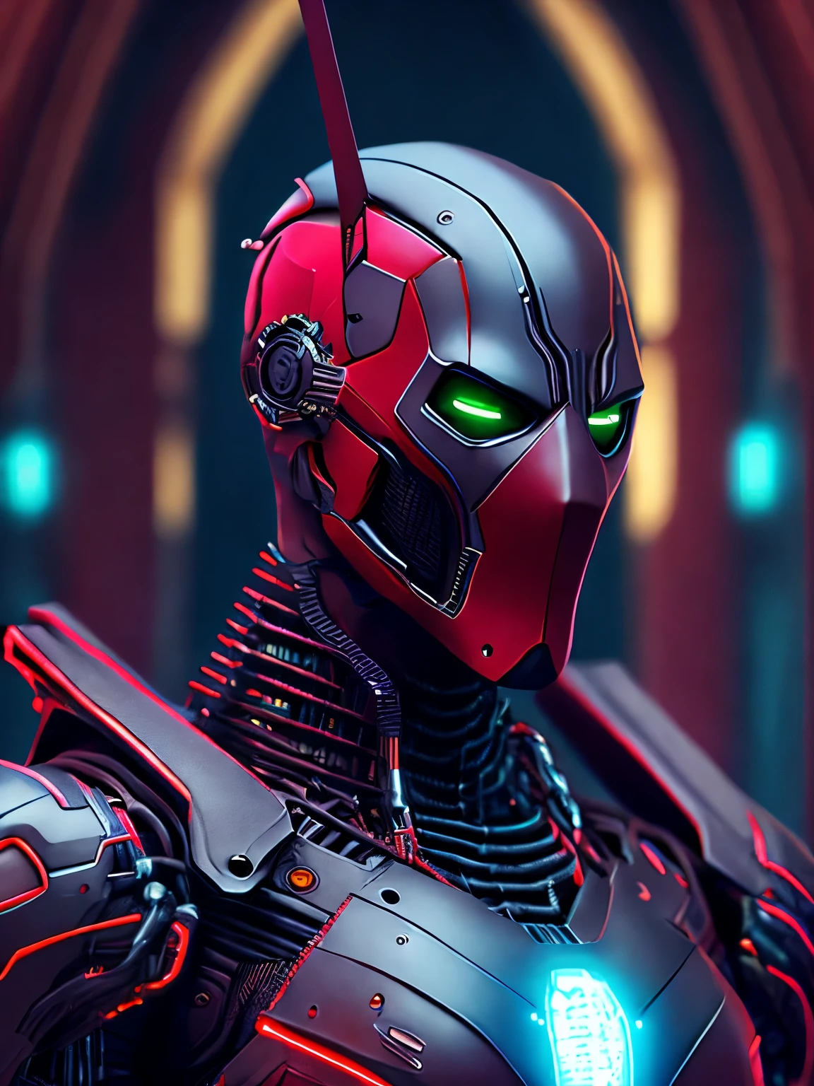 retrato, Deadpool, Biomechanicals, complex robot, crescimento pleno, hyper realistic, pequenos detalhes insanos, linhas extremamente limpas, aesthetic cyberpunk, obra-prima apresentada no Zbrush Central, Gothic brutalist cathedral, Cyberpunk, foto premiada, Bokeh, neon lights, cybernetic limb.