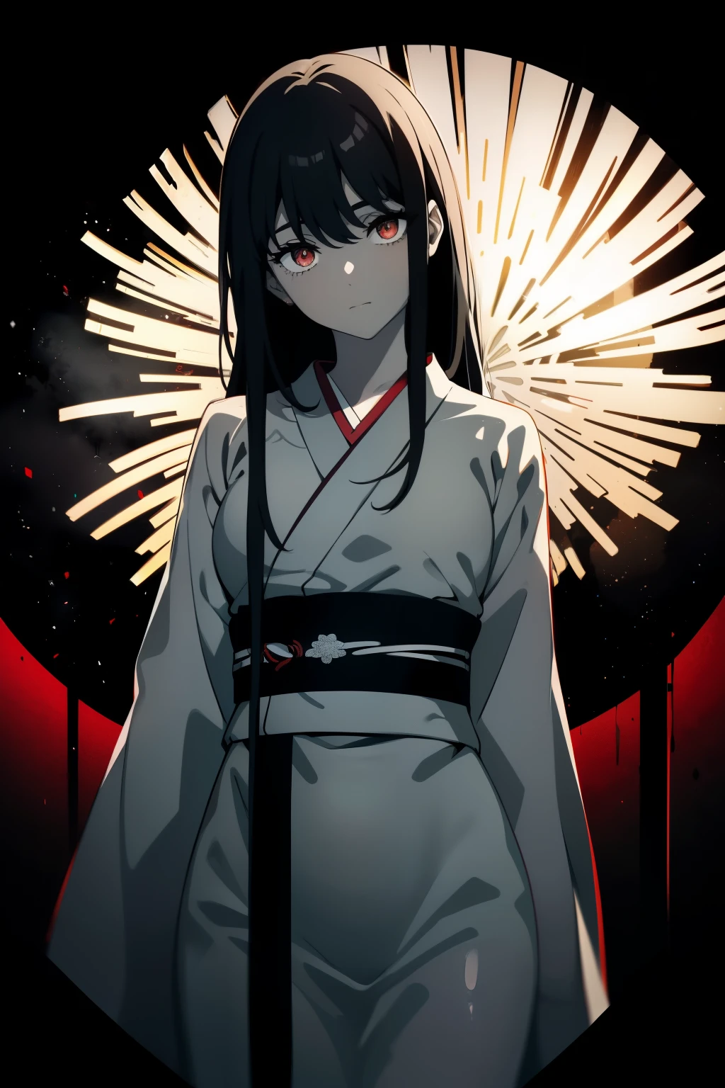 ((Obra maestra, La mejor calidad, ultrahigh resolution)), ((((yameroyandere, crazy eyes, yandere, red background, red eyes, empty eyes, black and white, greyscale,))), (((a stunning girl a kimono, obsidian black hair)), long hair, pale skin, ((dark brown eyes)), glowing_eyes, ((ultra detailed eyes:0.7, beautiful and detailed face, detailed eyes:0.9)), ((centered)), ((pretty)), facing viewer, eye level, (((wide shot, vibrant monochrome grayscale firework display in the night sky background))), flat chested, (looking at viewer), ((half closed eyes)), ((perfect hands)), ((((head:1, arms, hips, elbows, in view)))), ((hands behind back)), empty eyes, beautiful lighting, outside, outdoors, background, defined subject, 18 years old, (head tilt)