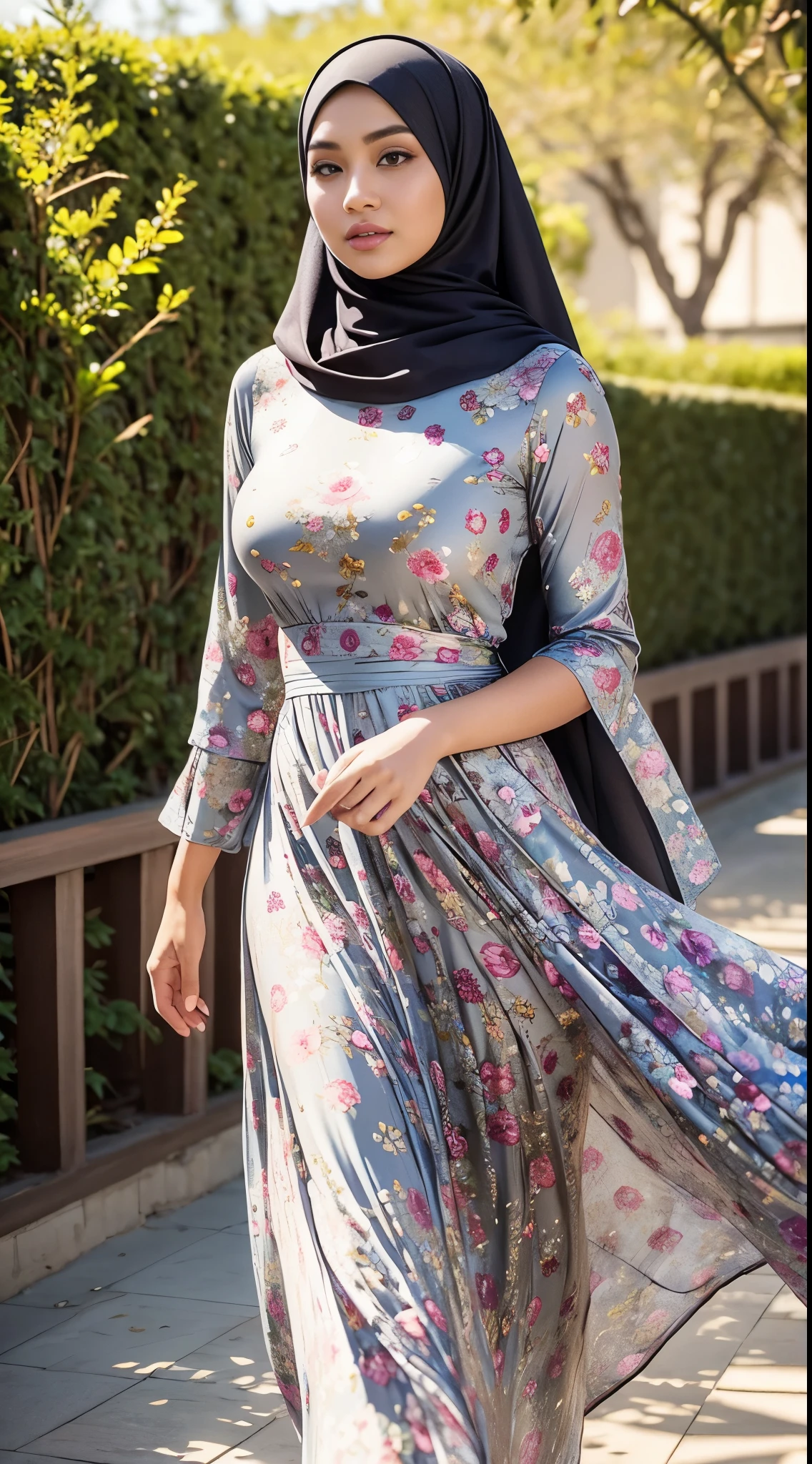 ( Close Up),RAW, Best quality, high resolution, masterpiece: 1.3), beautiful Malay woman in hijab,Masterpiece, perfect fit body, (big breast),big gorgeous eyes, Soft smile,thick thighs, beutifull face, woman wearing a brown floral dress and blue hijab, modest flowing gown, muslim dress, beautiful soft silky dress, floral art novuea dress, long dress female, beautiful detailed dress, flowery dress, beautiful silky dress, wearing a long flowery dress, floral art nouveau dress, full covered dress, elegant dress, flowing dress, femme , (Delicate turtleneck) , shairband, afternoon walk, City garden, Excellent lighting, Bright colors, Clean lines