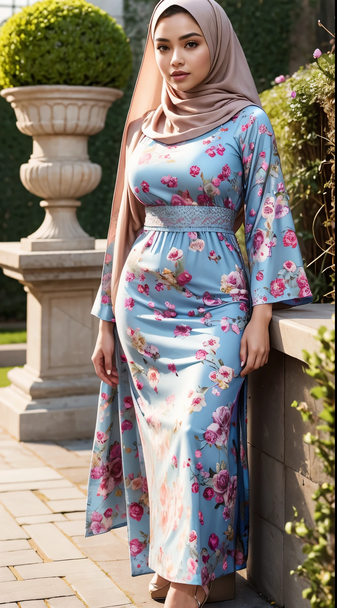 ( Close Up),RAW, Best quality, high resolution, masterpiece: 1.3), beautiful Malay woman in hijab,Masterpiece, perfect fit body, (big breast),big gorgeous eyes, Soft smile,thick thighs, beutifull face, woman wearing a brown floral dress and blue hijab, modest flowing gown, muslim dress, beautiful soft silky dress, floral art novuea dress, long dress female, beautiful detailed dress, flowery dress, beautiful silky dress, wearing a long flowery dress, floral art nouveau dress, full covered dress, elegant dress, flowing dress, femme , (Delicate turtleneck) , shairband, afternoon walk, City garden, Excellent lighting, Bright colors, Clean lines