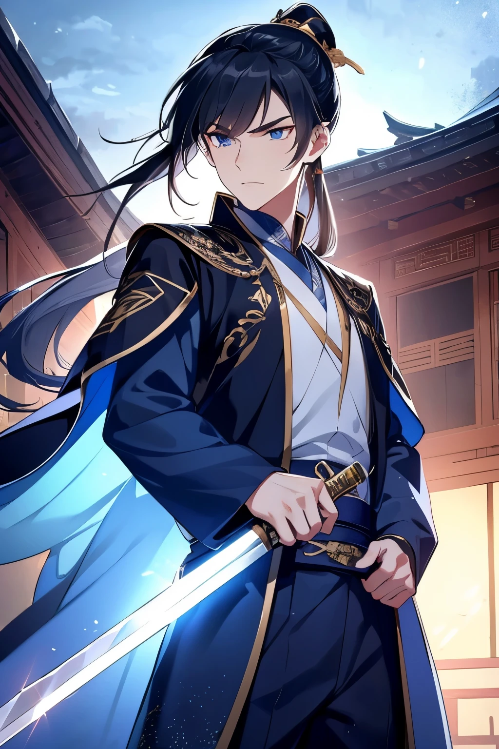 Best quality，tmasterpiece，k,a boy holding a sword，Fighting posture，blue clothes，Hanfu，Long hair and high ponytail，natta，rays of moonlight，Asian architecture，Elaborate Eyes，scowling，worry，xianxia，Upper part of the body，