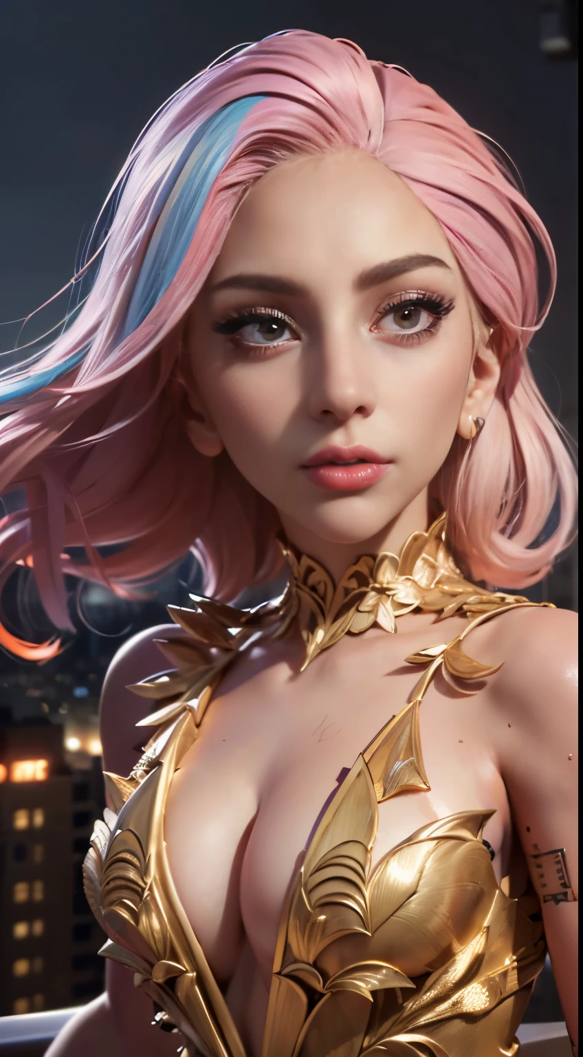 photo of Lady Gaga, RAW, beautiful woman, ((portrait)), ((detailed face:1.2)), ((detailed facial feature, detailed skin, clear skin), (perfect proportioned body), (wearing a colorful dress) (high detailed city environment, apartment balcony), (realistic photo, best quality, detailed), (8k wallpaper), (cinematic lighting, dramatic lighting) (sharp focus, intricate)