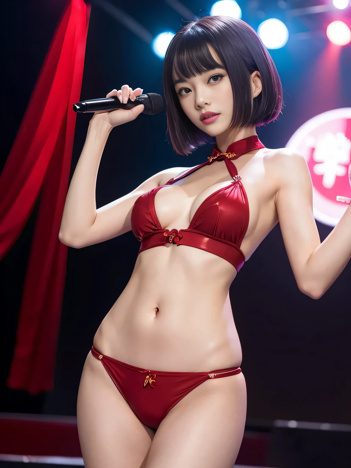 masutepiece、超A high resolution、Powerful images、8K slender woman、Super small breasts, Black hair, a short bob、Red cheongsam、slutty eyes looking at camera、Cabaret stage scenery、