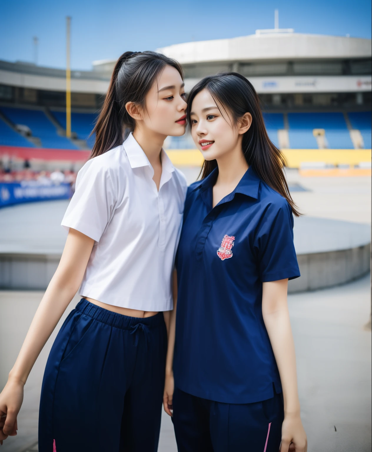 (bestquality,10,10,highres,masterpiece:1.2),ultra-detail,(Realistic,ภาพRealistic,photo-realistic:1.37),1 Cute girl in the football field,oily shiny skin,bara,light smile,BDclothelue shirt:1.3)),short sleeves,shirt, trousers.,(navy_long_ติดตามtrousers:1.1), ((Stadium Background:1.3)),dynamic angle,excited,face focus,Dynamic Poses,from behide,Ass Focus,masterpiece, bestquality, ultra realistic, hyper-detail, 8k resolution, RAW photo, crisp focus, ((Navy blue shirt:1.1)), short sleeves, เส้นทางlong, Complete bodyแบบ, 2 mature women, 18yo, cinematic light,trousersวอร์มสีน้ําเงิน,Gymware,Correct anatomy,Complete body, Correct body, sharp face, Correct bodyทางกายวิภาค, full entire body, Realistic gestures, long-haired, Realistic poses,Wear long shorts.......................................,ช่วงขาlong,Shapely,Sculpting Girl, Slender Figure, mannequin mannequins, Shapely, Beautiful body,trousersวอร์มสีน้ําเงิน, Two girls kissing