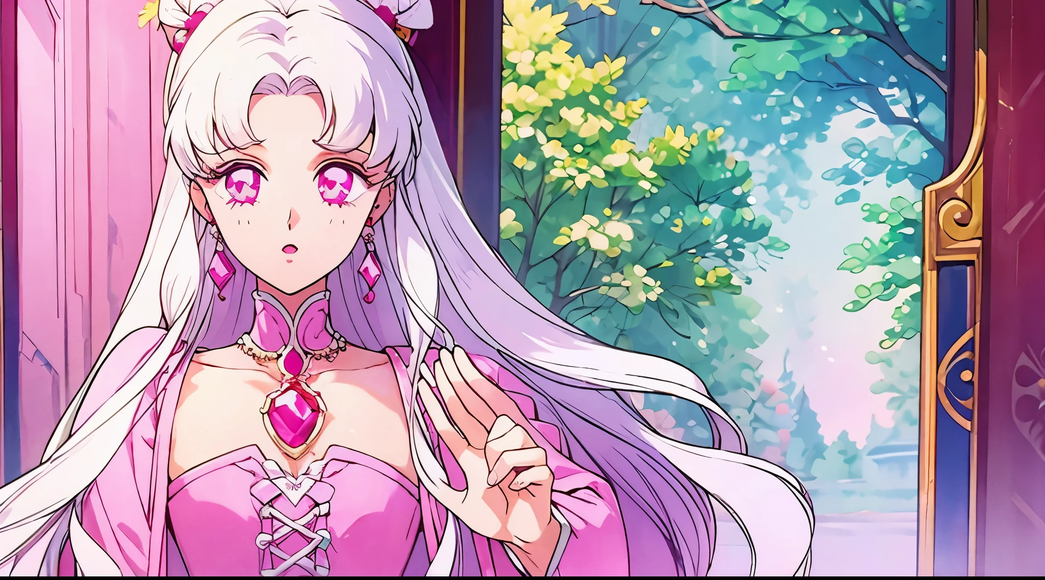 wavy long hair, white hair, 1girl, ruby eyes, waving , pink lips, pastel pink dress, piercings