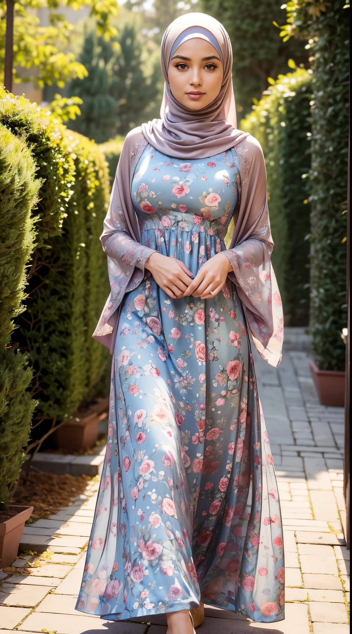 ( Close Up),RAW, Best quality, high resolution, masterpiece: 1.3), beautiful Malay woman in hijab,Masterpiece, perfect fit body, (big breast),big gorgeous eyes, Soft smile,thick thighs, beutifull face, woman wearing a brown floral dress and blue hijab, modest flowing gown, muslim dress, beautiful soft silky dress, floral art novuea dress, long dress female, beautiful detailed dress, flowery dress, beautiful silky dress, wearing a long flowery dress, floral art nouveau dress, full covered dress, elegant dress, flowing dress, femme , (Delicate turtleneck) , shairband, afternoon walk, City garden, Excellent lighting, Bright colors, Clean lines