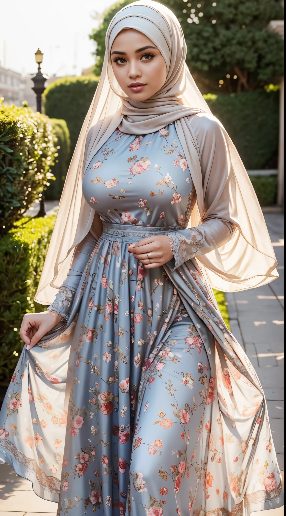( Close Up),RAW, Best quality, high resolution, masterpiece: 1.3), beautiful Malay woman in hijab,Masterpiece, perfect fit body, (big breast),big gorgeous eyes, Soft smile,thick thighs, beutifull face, woman wearing a brown floral dress and blue hijab, modest flowing gown, muslim dress, beautiful soft silky dress, floral art novuea dress, long dress female, beautiful detailed dress, flowery dress, beautiful silky dress, wearing a long flowery dress, floral art nouveau dress, full covered dress, elegant dress, flowing dress, femme , (Delicate turtleneck) , shairband, afternoon walk, City garden, Excellent lighting, Bright colors, Clean lines
