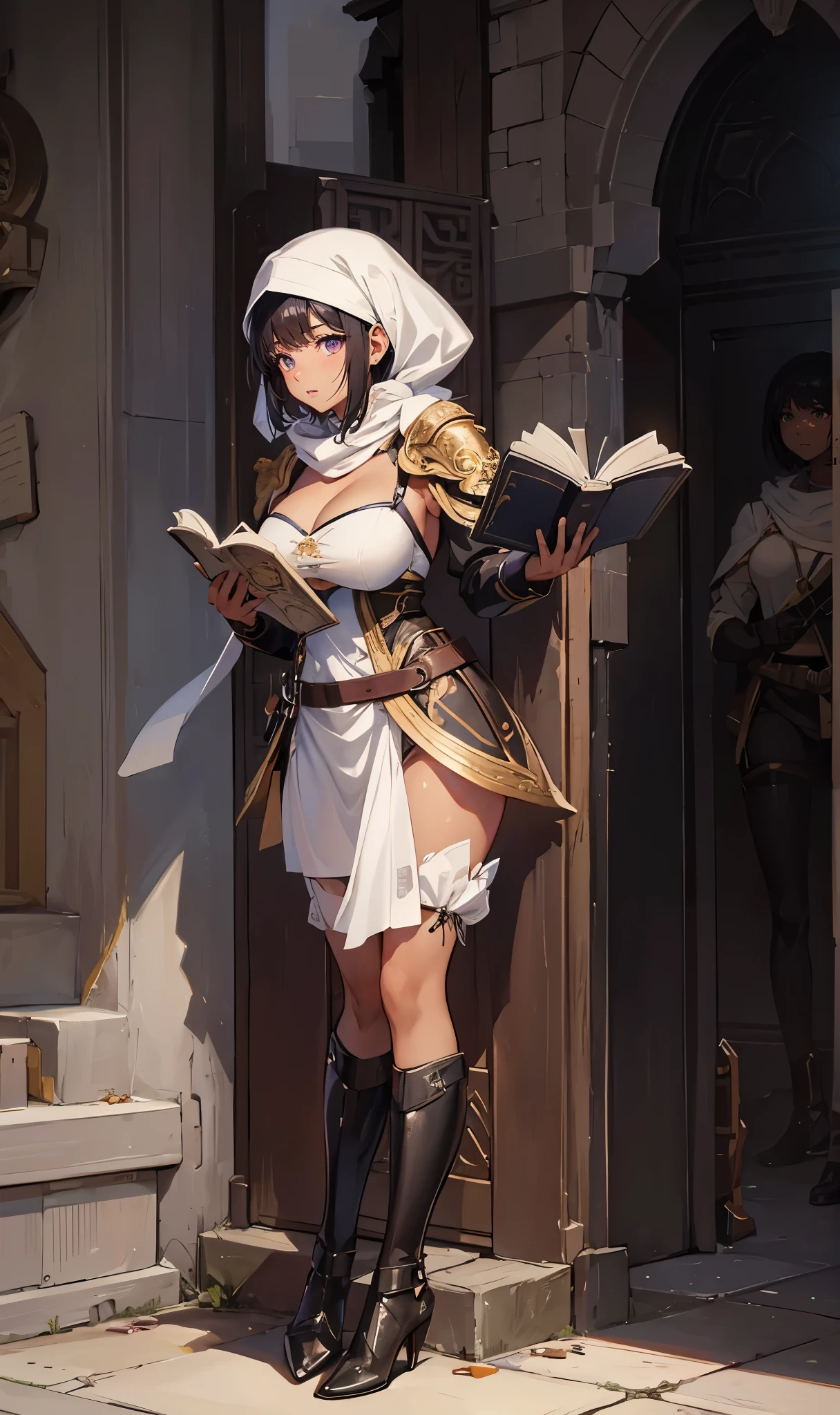(Sit Pose:2.0),(with brown skin),with brown skin,closeup cleavage, The world of dreams, relic, 废墟, ,with brown skin的女孩 , Wearing a loose white headscarf,with short black hair,Egyptian girl, with brown skin, Short hair details,She wears a tight battle suit and bikini armor,Short white clothes skin color, a purple eye, black hair color hair, Short hair details, black suspenders stockings,high heels boots,Holding a magic book