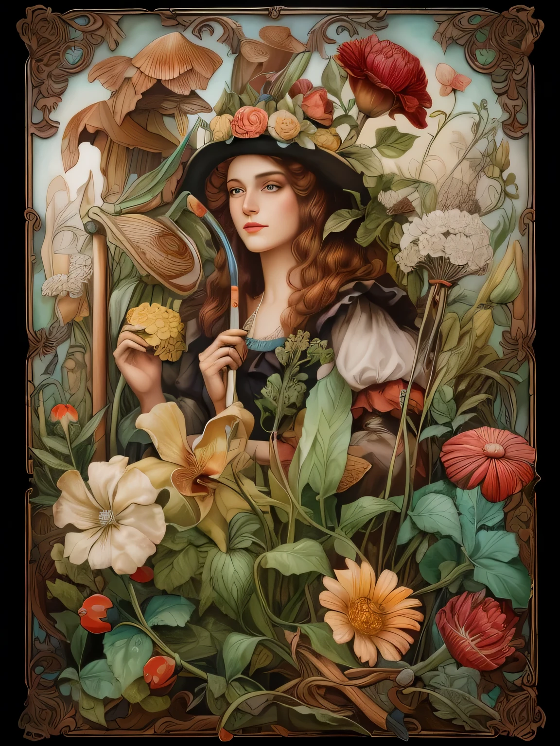 Drawing of woman wearing hat and flowers in garden, hyperrealistic art nouveau, shrubs and flowers. Esau Andrews, benjamin lacombe, James Jean Andre Ryabovich, Esau Andrews : : A gorgeous one, author:author:by Galen Dara, new school painting, adrian borda, inspired by james christensen, Sam Gay, author:José Comas Quesada