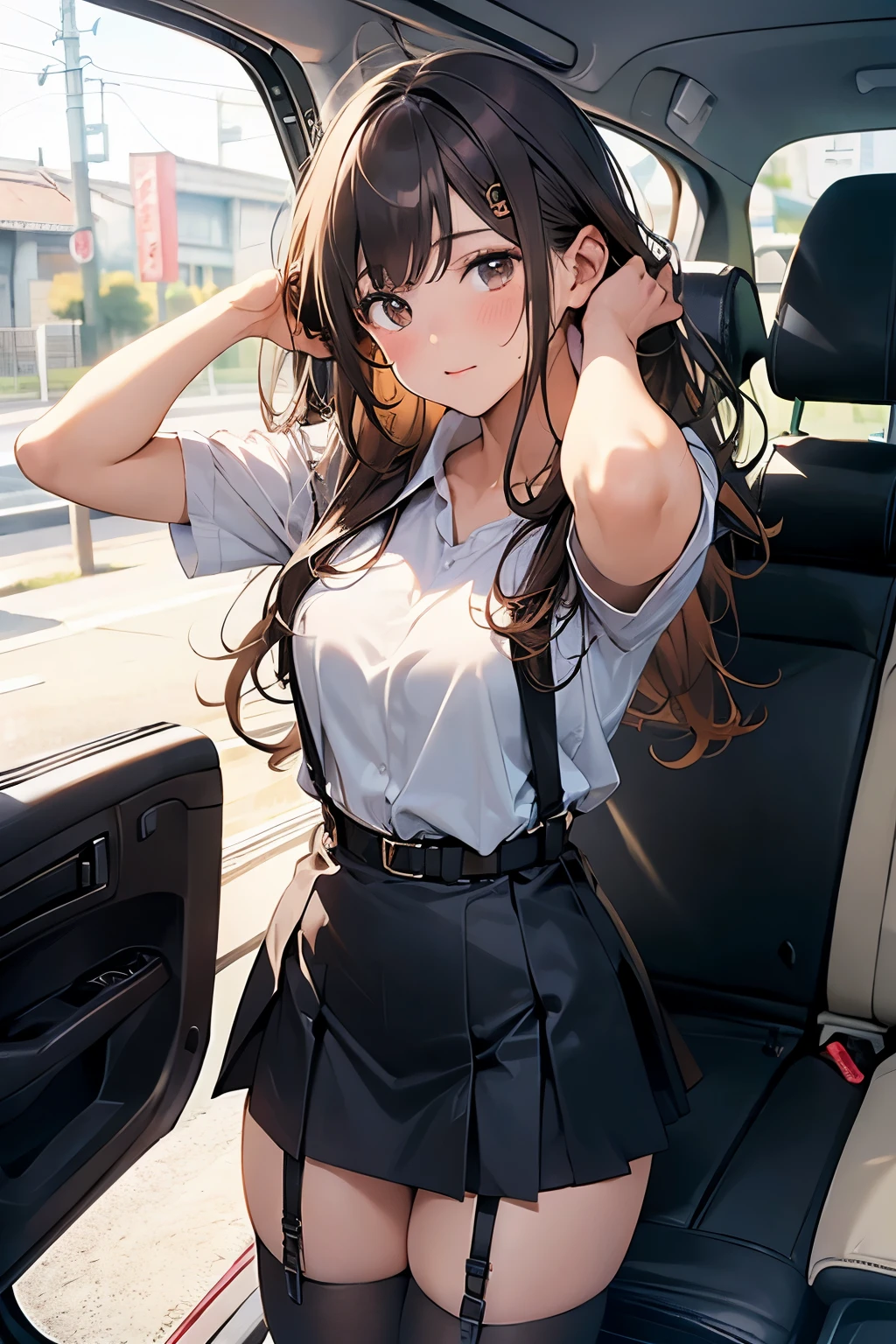 Brown hair、watching at viewers black suspenders Bulging big breasts walls: Black miniskirt garters Gaze Small face bangss holster Beautuful Women hands up レッグholster ベッドに横たわる Gaze 黒いブーツ Panchira provocation soio arm In the car Fold your hands behind your back belt dark face Panchira