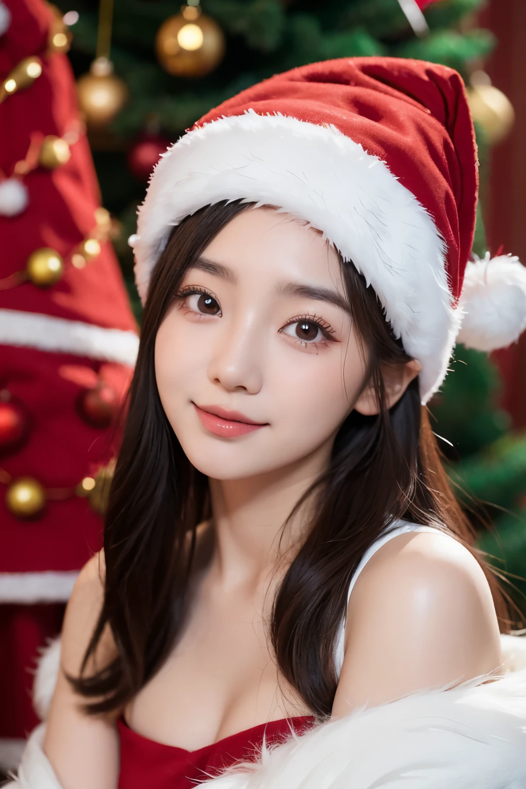 (Best quality,8K,tmasterpiece:1.3)Cute and lovely Korean girl,Wearing red santa hat,Next to Christmas tree background,her eyes sparkle,clear round pupils,Delicate double eyelids,Long eyelashes,Her face is full of shyness,her face is happy。The unique charm of a plump bust。
