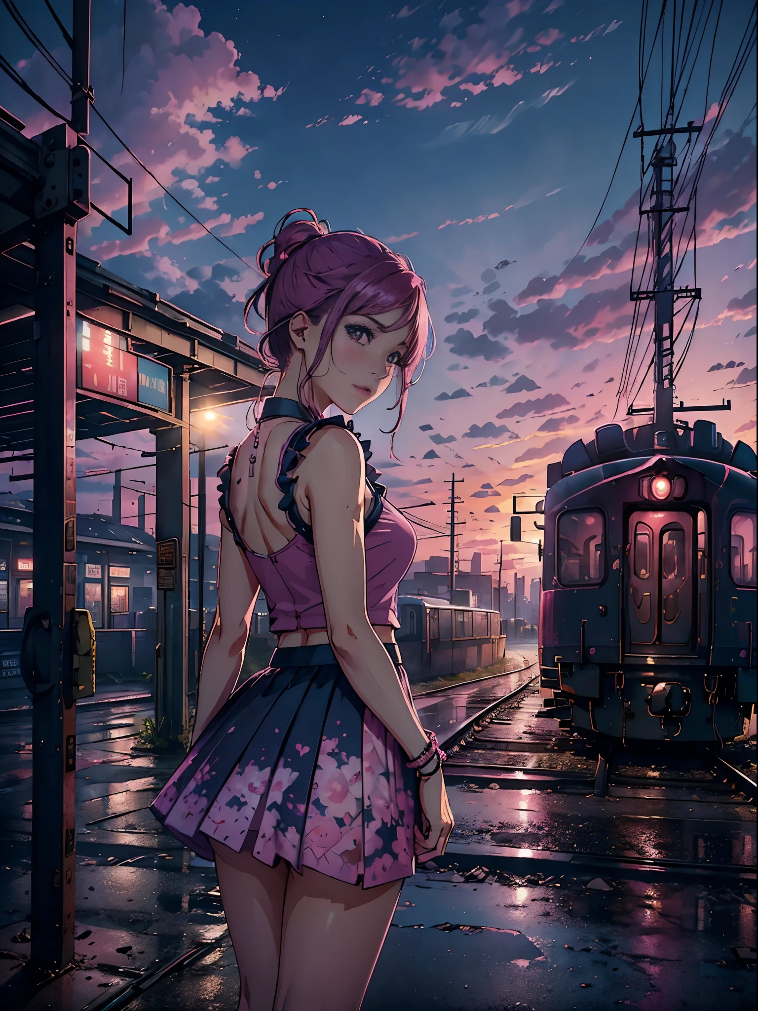 magenta tint、vibrant with colors、((tmasterpiece)))、(((quality)))、((ultra - detailed))、(Surreal)、(Very detailed CG illustration）、offcial art、CD cover、It will be、midsummer、The glorious 1980s、Cool beauty、cochetti gorgeous、incomparable beauty、Hair color、jaqueta de couro、Superskirt、Women only、Look at the audience，perfect angle、Perfectcomposition、(twilight，Train station，trainleeing)，
