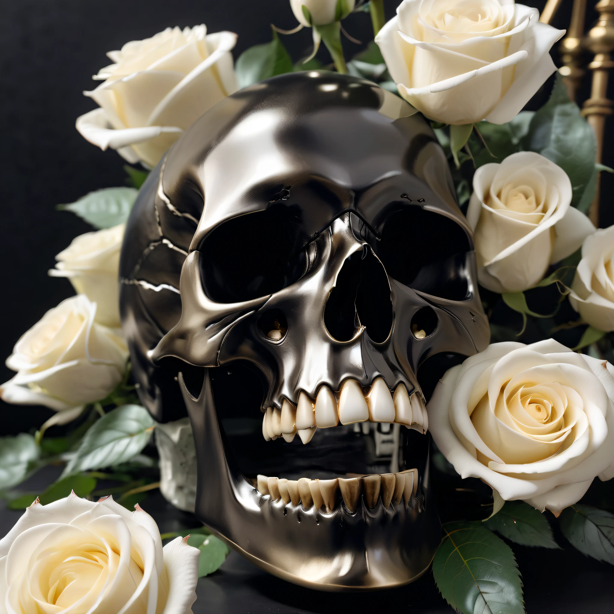 (Best Quality,8K,hight resolution,masutepiece:1.2),Ultra-detailed,realistic black skull,Metallic luster,detailed corpse,Bouquet of white roses,dark background with altar,Life after death,ominous lighting,Horror-themed,Single-color palette