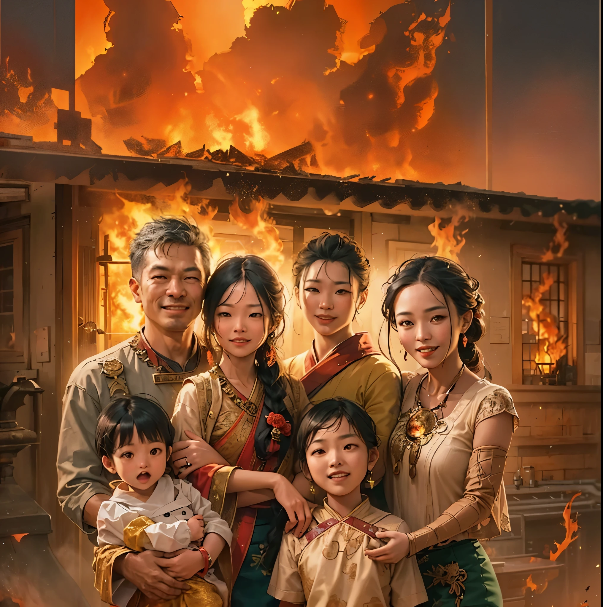 An Asian house on fire, (best quality, high-res, photorealistic:1.37), intense flames, billowing smoke, collapsing roof, glowing embers, firefighters battling the blaze, sparks flying, panicked crowd, thick black smoke rising, orange and red hues, flickering flames, intense heat, smoldering ruins, brave firefighters in action, blazing inferno, dramatic scene, urgent and chaotic atmosphere, glowing hot coals, scorching heat, destructive force, ash-filled air, fiery chaos, crackling sounds, glowing windows, fire engines rushing in, brave rescue efforts, danger and urgency, glowing sky, flames engulfing the top of the house, intense orange glow, towering inferno.