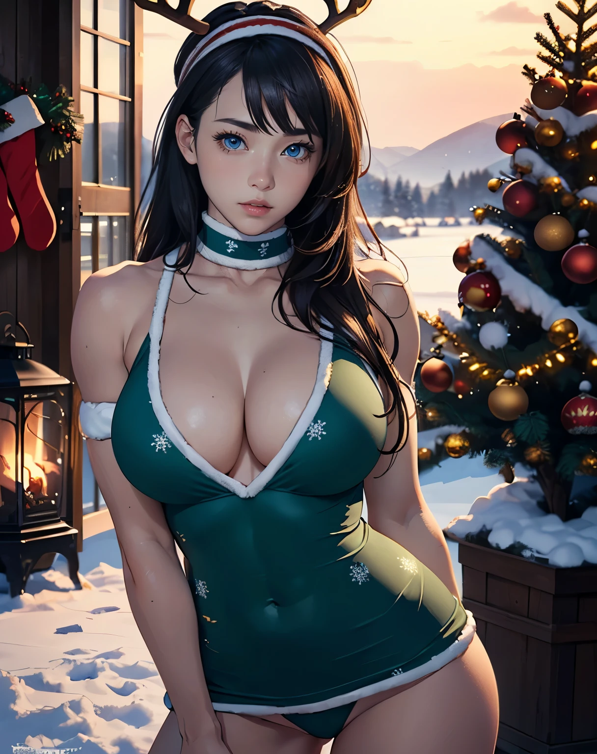 (masterpiece:1.2, top-quality), (realistic, photorealistic:1.4), beautiful illustration, looking at viewer, cowboy shot, front view:0.8, 
1 girl,ulzzang girl, 
beautiful hair, beautiful face, beautiful detailed eyes, (straight hair:1.2 long hair:1.2), bangs, hair between eye, beige hair, blue eyes, 
beautiful clavicle, perfect body athletic, beautiful , :0.8,abs:1.2, beautiful legs, beautiful fingers,  shoulder, perfect belly, (firm thighs, large valley beautiful scenery), christmas night, outdoors, (christmas tree:1.3), 
((wearing reindeer top, abs:1.2, muscle girl, reindeer hair band, Sharp face,sharp eyes,body athletic, musculature:1.1

Crissmas 
perfect face, cute and symmetrical face, natural side lighting, movie lighting), depth of fields,