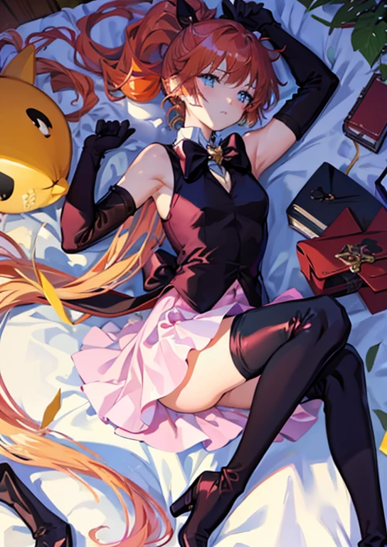 masutepiece, Best Quality,Sleeping on my back on the bed,show your boots,thigh high boots,Black stockings,Black Gloves,Strange thieves,Elegant, 1girl in, well-muscled,Cute, blushed, Looking at Viewer, frombelow,Pink mini skirt, jail,Blue eyes, Beautiful eyes, Beautiful background, light Particle, Sun rays, Dramatic Lighting, Outside, shiny, Realistic, masutepiece, Best Quality, Ultra-detailed, Detailed, Scenery, Beautiful detailed eyes, detailed hairs