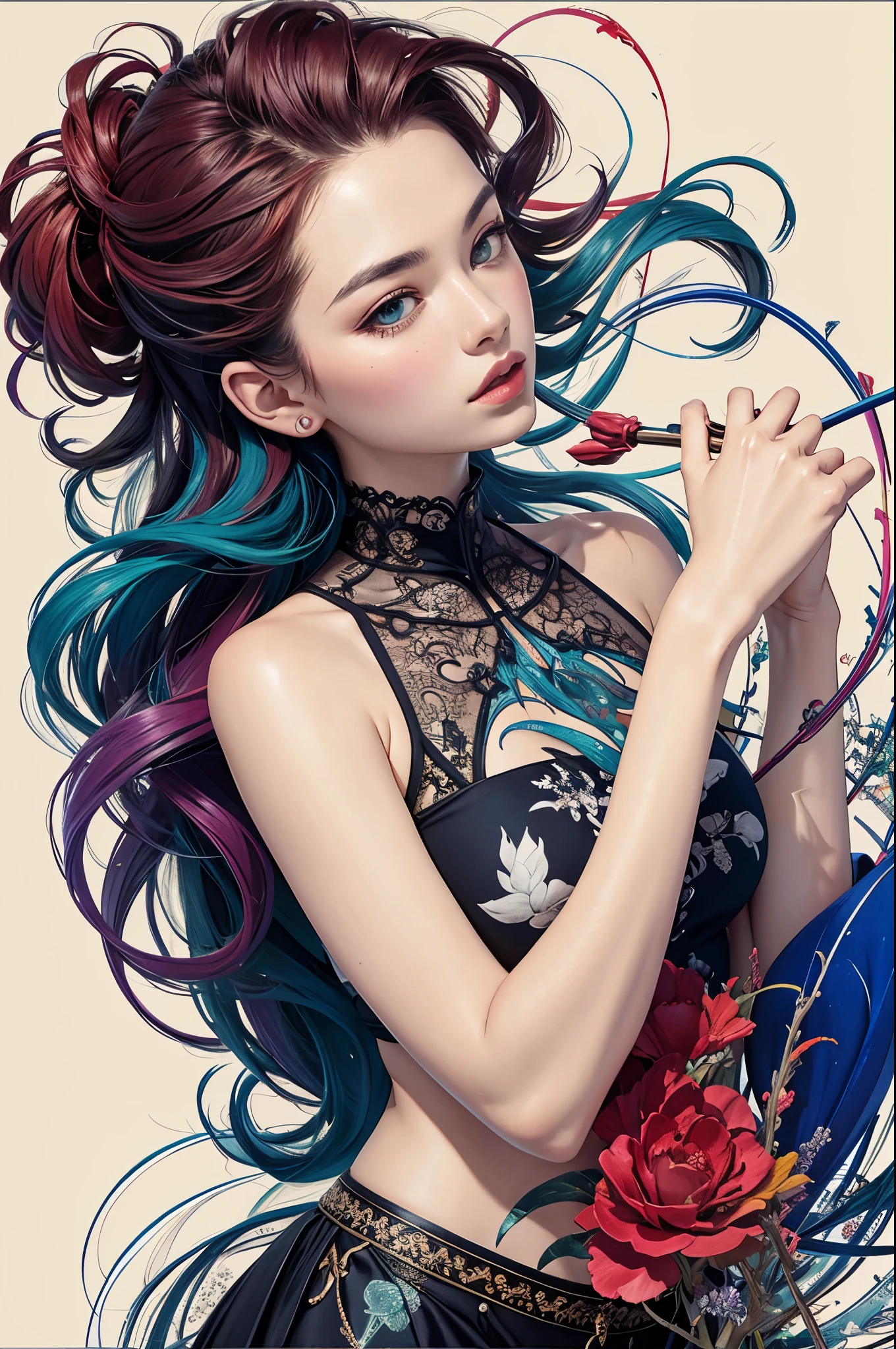 offcial art,统一 8k 壁纸,ultra - detailed,Beauty and aesthetics,tmasterpiece,best qualtiy,(zentangle,datura,Tangles,entangled),(s fractal art:1.3),1girl,The is very detailed,dynamic angle,cowboyshot,The most beautiful form of chaos,Elegant,Fauvist design,vivd colour,James Jean,Robbie Devi Antono,ross tran,Francis Bacon,Michal Mraz,adrian ghenie,petra cortright,Gerhard Richter,Takato Yamamoto,Ashley Wood,Atmospheric,A note of ecstasy,streaming musical notes visible