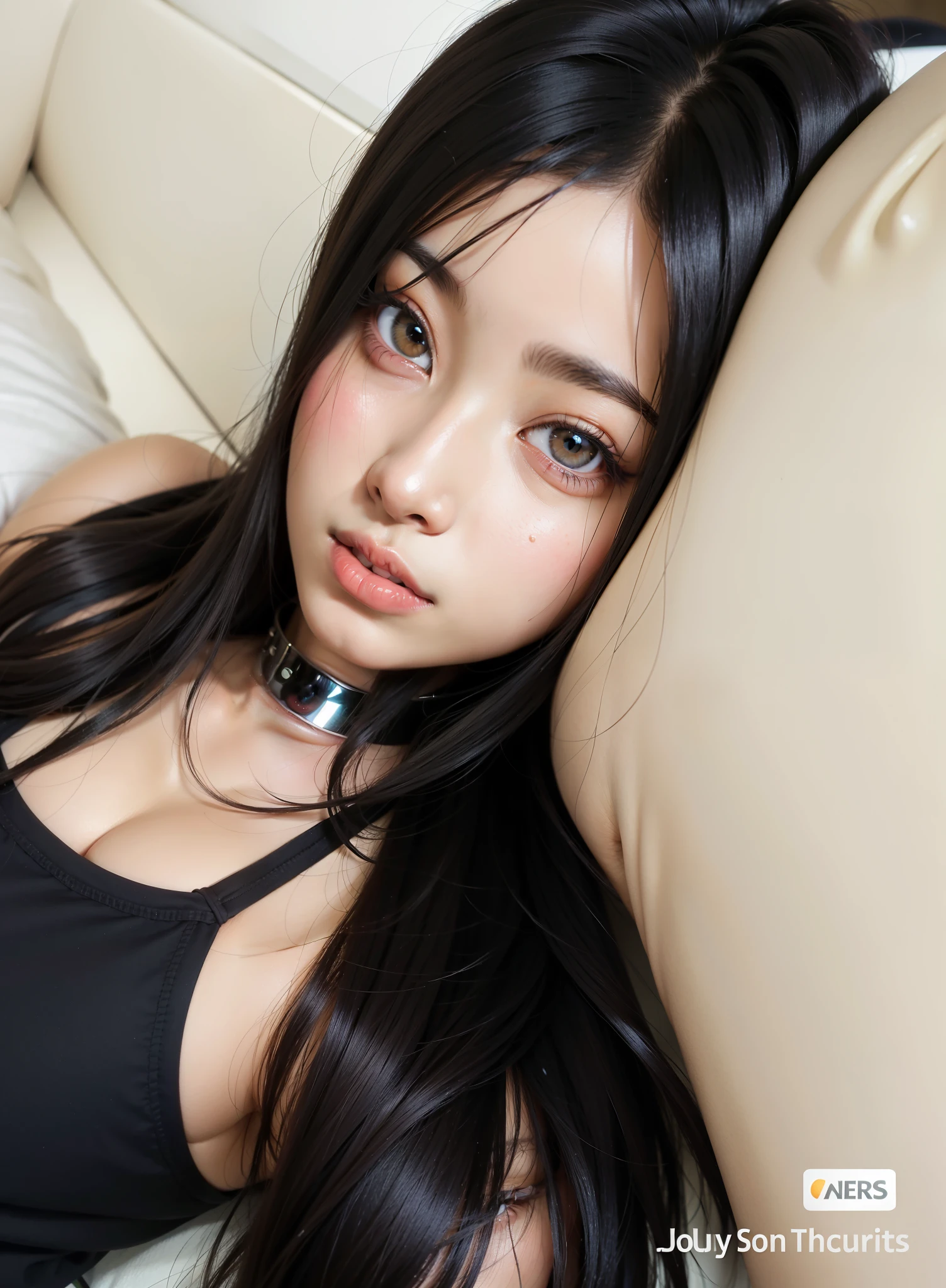 Araafed Asian woman with black top lying on a white sofa, menina bonito-fino-cara, menina coreana, Tirado com Canon EOS 5 D, linda mulher coreana jovem, Ulzzang, Fotografia selfie 8k, young adorable korean face, wan adorable korean face, rosto bonito claro, Tomado com Sony Alpha 9, com olhos bonitos