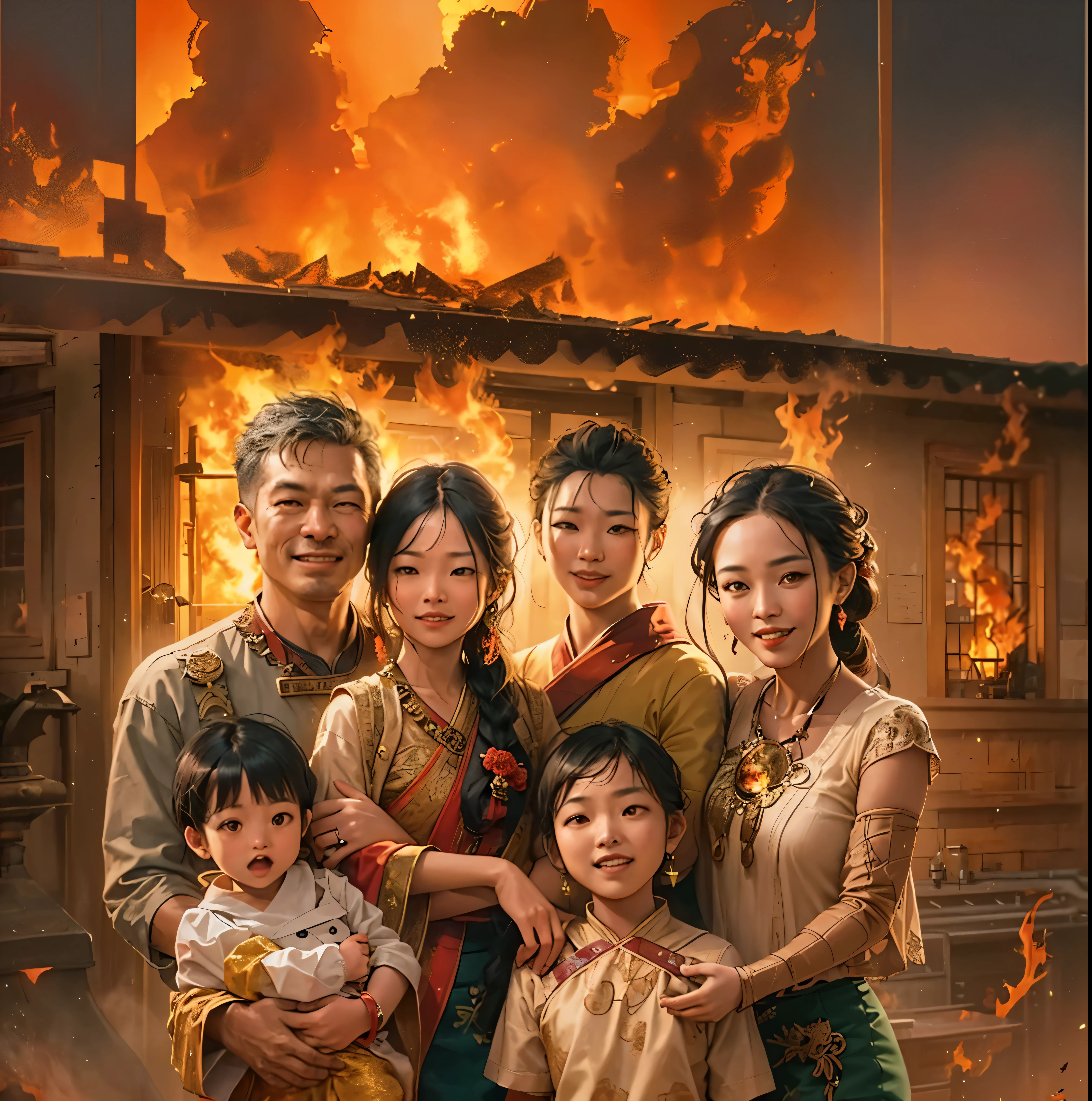An Asian house on fire, (best quality, high-res, photorealistic:1.37), intense flames, billowing smoke, collapsing roof, glowing embers, firefighters battling the blaze, sparks flying, panicked crowd, thick black smoke rising, orange and red hues, flickering flames, intense heat, smoldering ruins, brave firefighters in action, blazing inferno, dramatic scene, urgent and chaotic atmosphere, glowing hot coals, scorching heat, destructive force, ash-filled air, fiery chaos, crackling sounds, glowing windows, fire engines rushing in, brave rescue efforts, danger and urgency, glowing sky, flames engulfing the top of the house, intense orange glow, towering inferno.