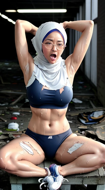 Photo of a milf asian female, police woman with saggy breast (((sitting))) on the chair inside (abandoned bulding), 40yo, busty body, tall body, tanned skin, dimples, light, detailed face, embarrassed face, ((looking disgusted)), ((very angry)), (dissapointed),open mouth ,(scream), (((arms behind head))), Perfect breasts, big breasts, natural breasts, big nipples, G cup, (((hijab))), (((glasses))), (torn_sport_bra:1.2), (((sport panties))), (((sneakers))), (sweat:1.0), (wet)