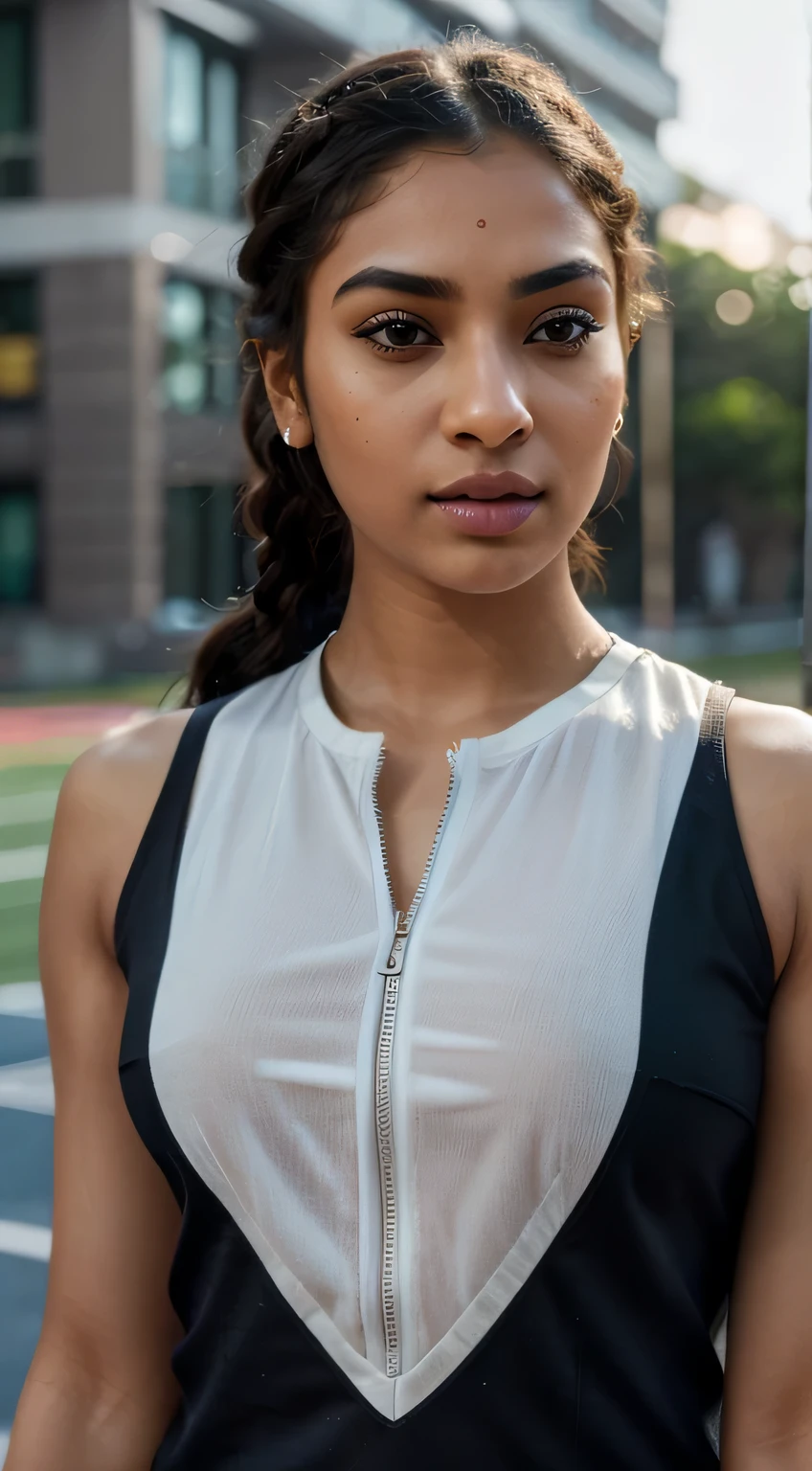 ultra-realistic photographs,Indian Instagram female model,mid 20s,9:16,close-up,beautiful detailed eyes,detailed lips,longeyelashes,black braided hair, naturally full eyebrows,perfectly formed nose,expressive face,attractive appearance,confident and elegant posture,vibrant and track dress, trackfield background, serene atmosphere,stunning architecture,soft and natural lighting,vivid colors,photorealistic,HDR,highres,studio lighting,ultra-detailed,bokeh,fully covered clothes