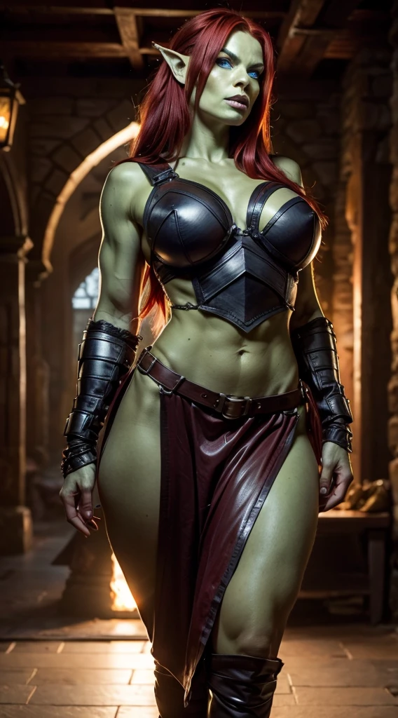 (((Meisterwerk, highest quality, hight resolution, Hohe Detailgenauigkeit)))), Photograph of a muscular and very busty female orc warrior in tight, short, leather clothes.
She has dark green skin with old battle scars. Her long eyeteeth in her lower jaw, sticking out over her upper lip. Her lips are full and big.
She wears her long red hair as a mohawk, the sides of her head shaved.
She is standing in a throne room, threatening and dominating. She has very thick thighs, wide hips, very muscular, broad shoulders