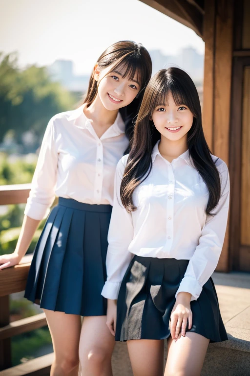 (2 girls in , couple focus, classmates, Adorable, 14years) ,and draw the full body, (Best Quality, 超A high resolution, photographrealistic, 超detaileds, 8K),japanaese girl, cheek-to-cheek, White cute clothes, Show your beautiful teeth,Bursting smile, hair scrunchie, ((Perfect hands without discomfort,Perfect feet with no discomfort)),スーバーdetailedsな顔、detaileds唇、detailedsな目、small gravure idol,Transparent skin,I keep my hair up and short,Her breasts are small, A Cup,NSFW,Skirt lift, up skirt, (beautiful eyes finely detailed、Face to detail、masterpieceサイドライト、masterpiece、top-quality、detaileds、High resolution illustration)、((Scene、1 persons)),(TOKYOcty、modern day、school、Stand at the top of the stairs),校服、White shirt、see through, no-bra、pantiy、 a miniskirt(Skirt combing、low angles、Panchira)、(1 persons、-Like that、Female about 20 years old) ,(1 girl in,full body Esbian、frontage、Beautuful Women,luslous skin、A smile), (Semi-long hair、Brown eyebrows)、Peeking from below