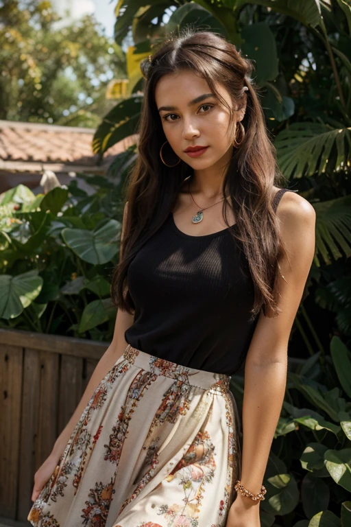 18 yearold girl(best quality,4k,8k,highres,masterpiece:1.2),ultra-detailed,(realistic,photorealistic,photo-realistic:1.37),portrait,girl,wearing full sleeve brown tank top and long black skirt,small chain on neck,black hair,hair band in ponytail,vivid colors,soft lighting,lush garden background,subtle bokeh,warm color tones,rich girl,red lipstick,earing,wearing same dress,wearing brown top and skirt,beutifull print,not asspose skin,long full sleeve long dress,hide the skin with dress shy,blouse touches the skirt,net fabric shawl,wearing a small bangle on hand,round neck design dress,wearing bangles