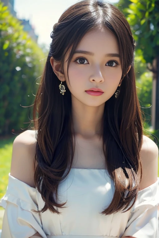 Close-up of a woman wearing a brown off-the-shoulder dress and earrings., soft portrait shot 8 k, lovely delicate face, High quality 4K portraits, high quality portrait, Pale, soft, flawless skin, 8k highly detailed face, Beautiful delicate face, Big eyes, beautiful light., Beautiful and realistic faces, Beautiful young women too., Beautiful and realistic faces, cute young woman