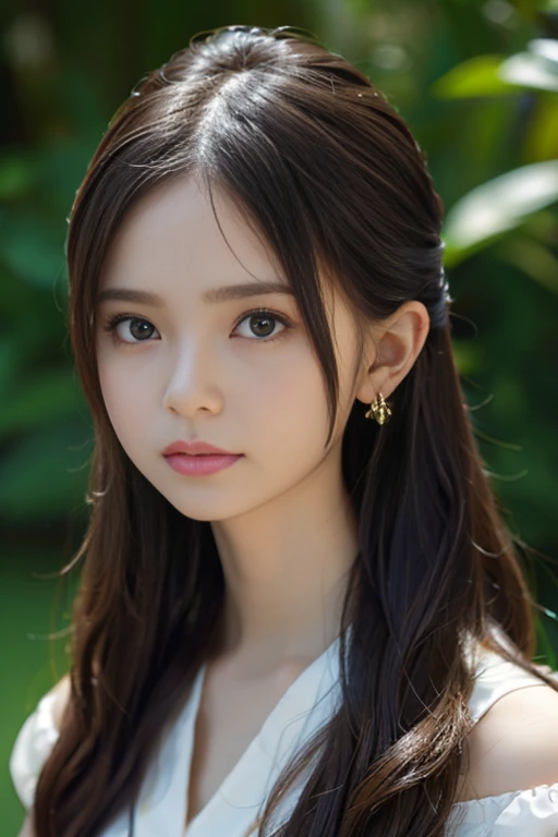 Close-up of a woman wearing a brown off-the-shoulder dress and earrings., soft portrait shot 8 k, lovely delicate face, High quality 4K portraits, high quality portrait, Pale, soft, flawless skin, 8k highly detailed face, Beautiful delicate face, Big eyes, beautiful light., Beautiful and realistic faces, Beautiful young women too., Beautiful and realistic faces, cute young woman