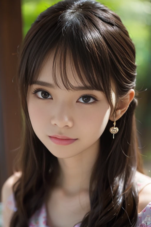 Close-up of a woman wearing a brown off-the-shoulder dress and earrings., soft portrait shot 8 k, lovely delicate face, High quality 4K portraits, high quality portrait, Pale, soft, flawless skin, 8k highly detailed face, Beautiful delicate face, Big eyes, beautiful light., Beautiful and realistic faces, Beautiful young women too., Beautiful and realistic faces, cute young woman