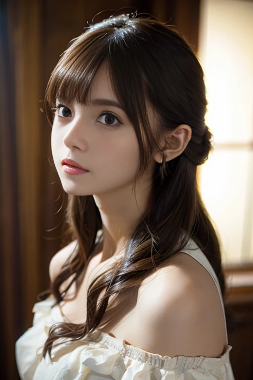 Close-up of a woman wearing a brown off-the-shoulder dress and earrings., soft portrait shot 8 k, lovely delicate face, High quality 4K portraits, high quality portrait, Pale, soft, flawless skin, 8k highly detailed face, Beautiful delicate face, Big eyes, beautiful light., Beautiful and realistic faces, Beautiful young women too., Beautiful and realistic faces, cute young woman