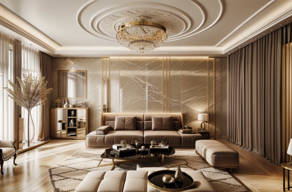 neo classic livingroom, Great lighting creates an elegant space, feather carpet, decorative painting, soft light in the morninasterpiece), (best quality), cinematic lighting, sharp focus, 4k, high-res, whiten tone , natural light, warm tone, (luxury:0.002), (balanced back wall), abtracl painting, 1 big glass door, 1 white curtain