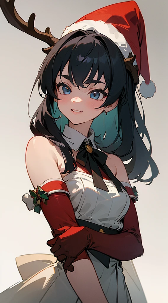 (masterpiece: 1.2, best quality), (1 lady, solo, upper body: 1.2),,complex geometric pattern background、dark color、cute girl、tall girl, black hair tied in a ponytail,((Front view)) smiling appearance, wearing a reindeer antlers and bow tie, pine tree Snow behind, Merry Christmas Style, Ultra-high details, 1Woman, alone, long hair, brown fur, Gloves, bare shoulders, green eyes, elbow Gloves, delineated lips, Christmas, Santa hat, red Gloves, Santa Claus costume, realistic, in cozy Christmas workshop, Skimpy, colorful, high contrast, intricate background, fur highly detailed, 8k, UHD, (SFW)(((white background))), cartoon style, vector illustration, high quality, 12k, solid colors, ornate, 6 warm colors, cartoon sticker, professional t-shirt design , t-shirt ready to print vector, (master piece, best quality, Max: 1.4)"(() Looking at the Viewer, looking at the camera, situation)) ((with black background)),((modern clothes )) Looking at the Viewer, looking at the camera