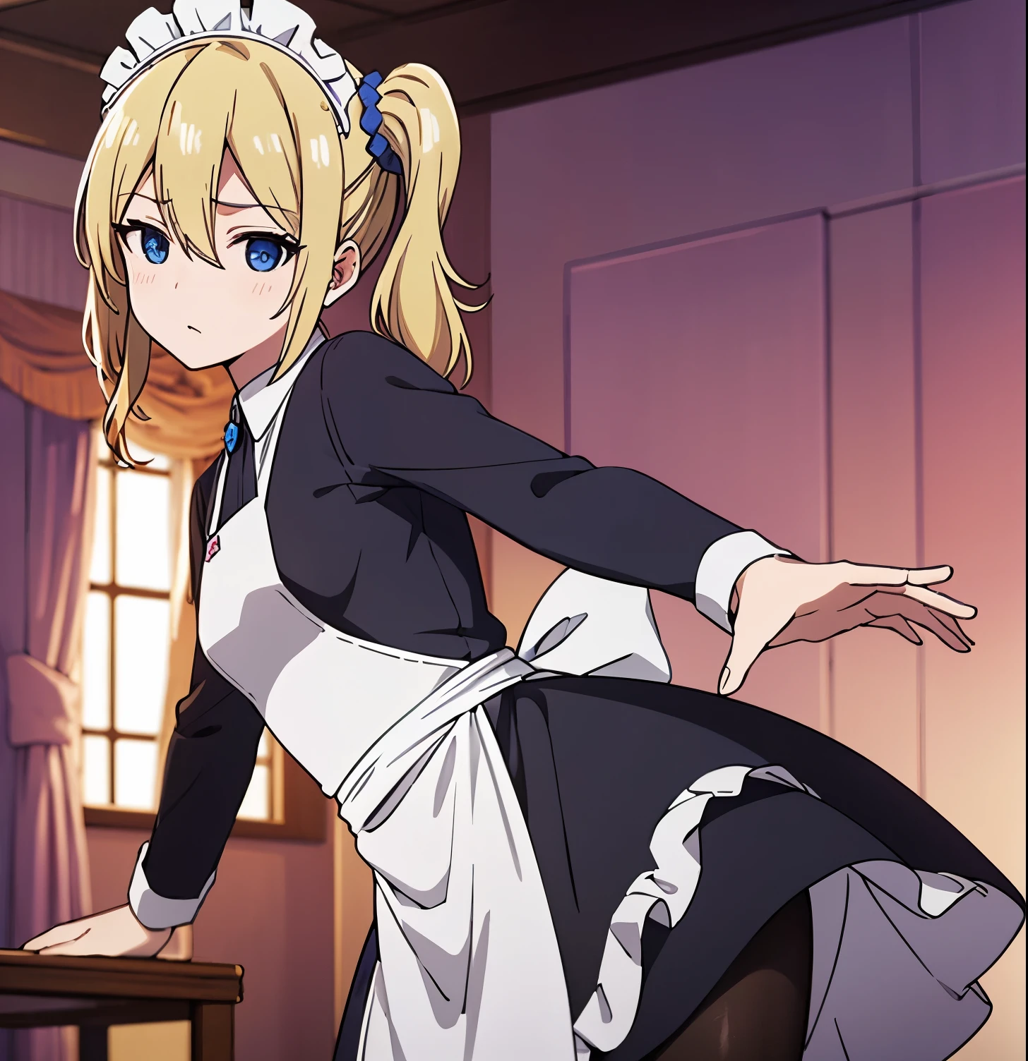 masterpeace, best quality, highres, 1girl, alone,hayasaka ai, solo, blonde hair, maid, blue eyes, side ponytail, hair scrunchie, hair ornament, blue scrunchie, maid headdress, apron, hair between eyes, breasts, long sleeves, bangs, white shirt, black dress, sidelocks, maid apron, black pantyhose, cowboy shot,