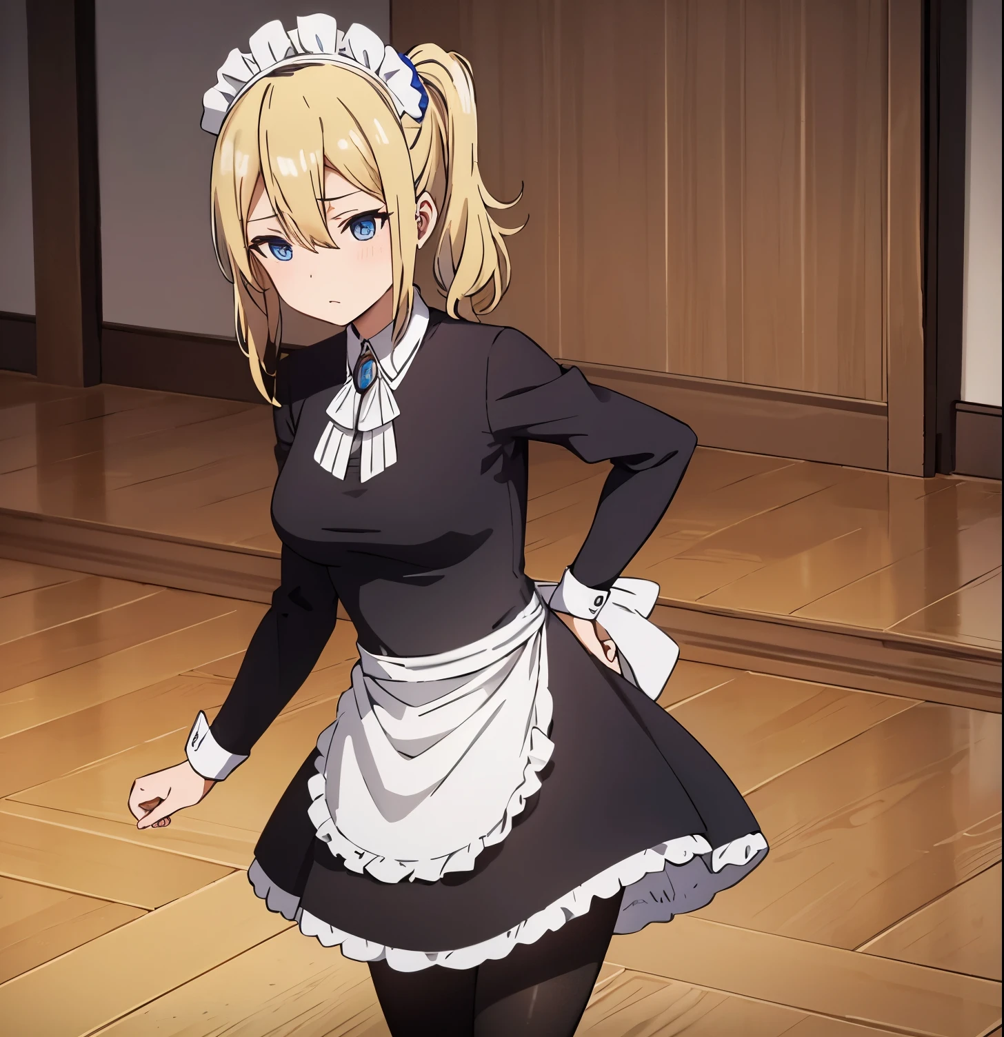 masterpeace, best quality, highres, 1girl, alone,hayasaka ai, solo, blonde hair, maid, blue eyes, side ponytail, hair scrunchie, hair ornament, blue scrunchie, maid headdress, apron, hair between eyes, breasts, long sleeves, bangs, white shirt, black dress, sidelocks, maid apron, black pantyhose, cowboy shot,