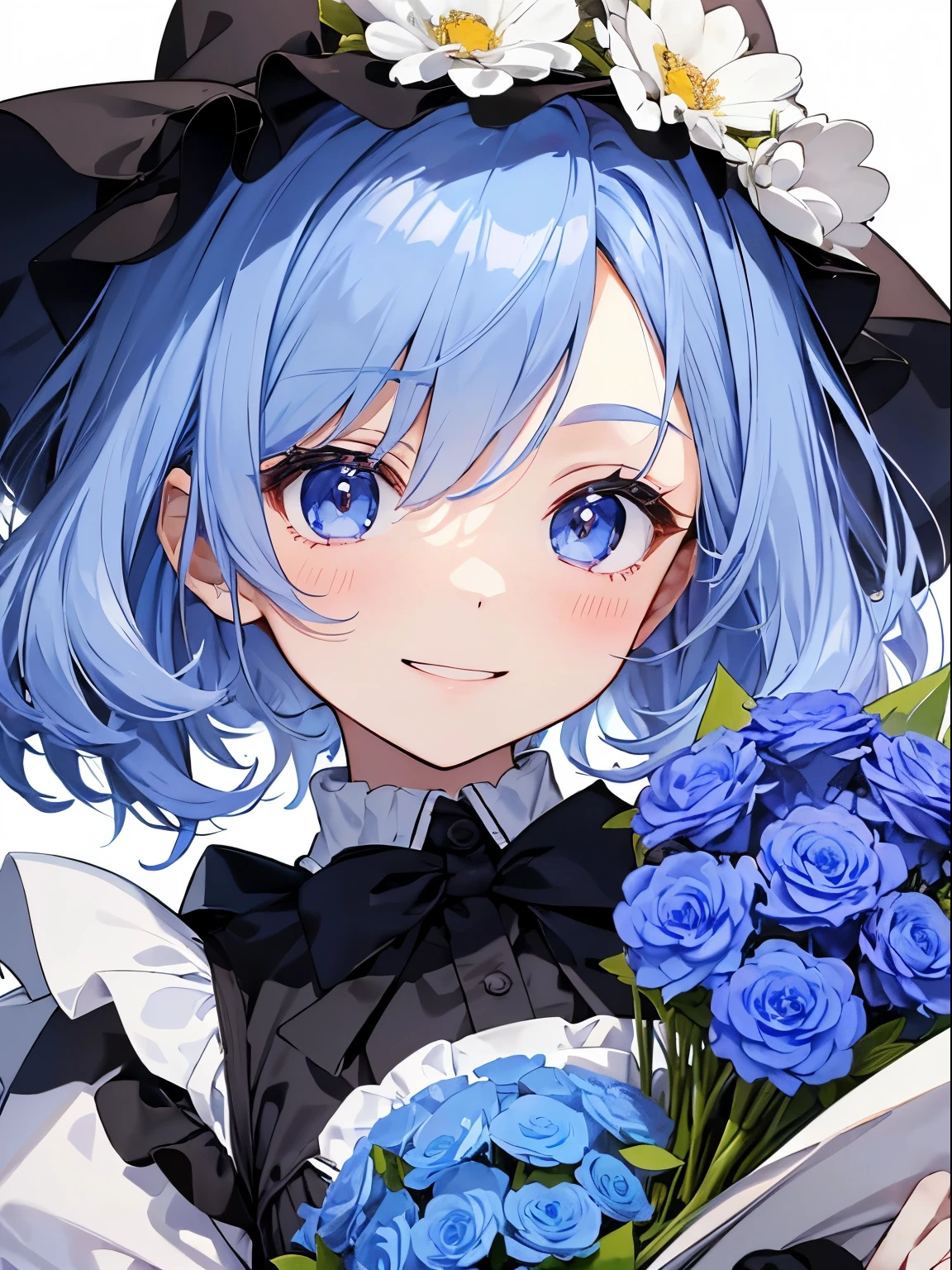 Chibi Chara、2 head body、simple white back ground:1.5、Blue-haired girl wearing a maid outfit、((with a large bouquet))、a smile、Present a bouquet of flowers to the viewer、(front facing:1.5)、Maid appearance、Gothic ta、