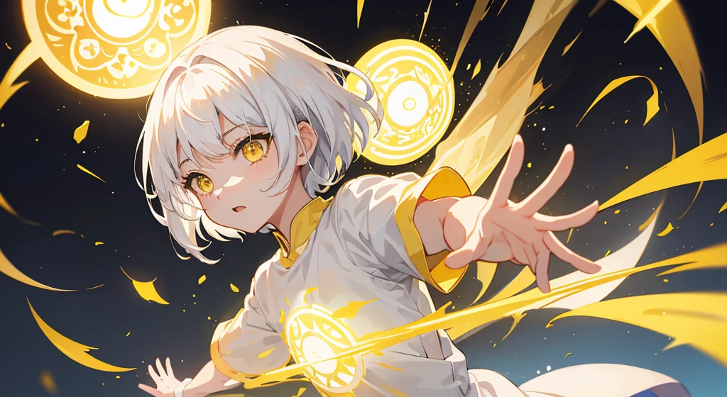 brilliance、one girls、独奏、white  hair、(lob cut hair:1.2)、(yellow  eyes:1.2)、(Wearing a plain white shirt:1.3)、Dynamic Illustration、​masterpiece、Yellow flame、attacking with magic、uses magic、magic circles、Dynamic Pose、The upper part of the body、cowboy  shot、(shortsleeves:1.3)