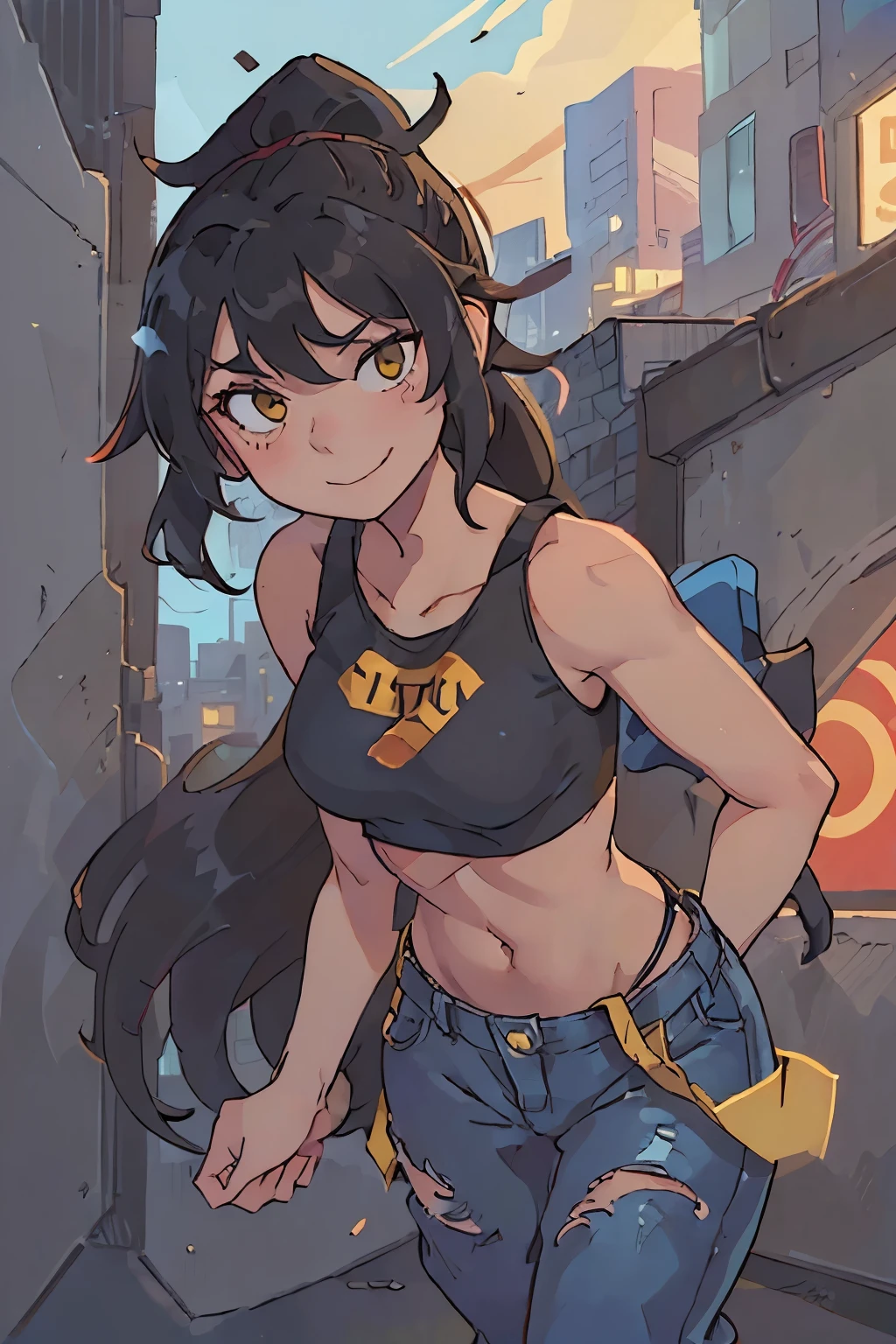 1girl, naughty smile, (wearing black crop top), medium breasts, tanned skin, (yellow eyes), black hair in a messy ponytail, standing against a wall, wearing red sneakers, (blue jeans), city, evening lights, sunshine, masterpiece, high quality, photograph, 4k, uhd, ambient lighting
