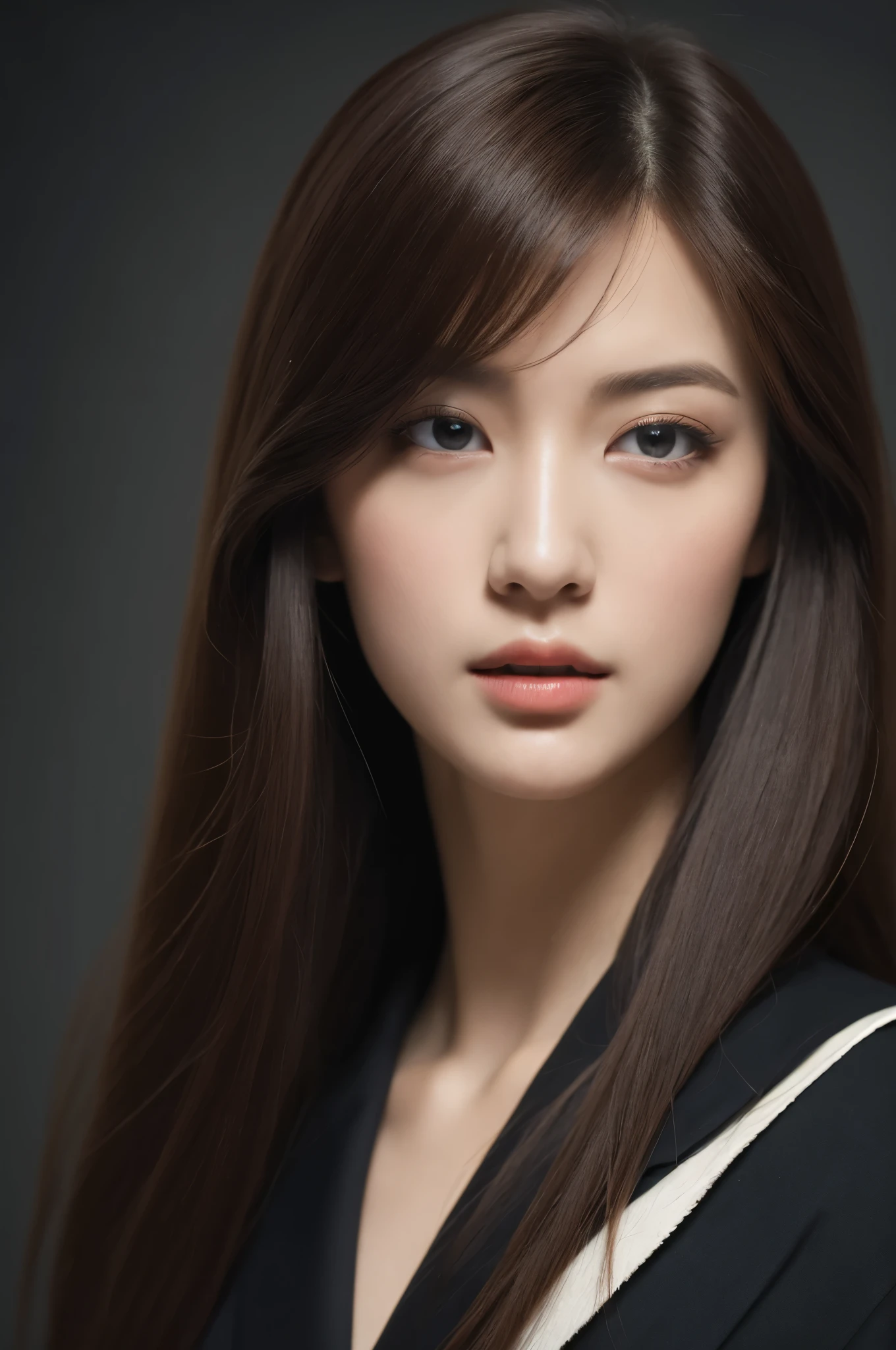 Best quality, realistically, ultra - detailed, Detailed pubic hair, A high resolution, 8k wallpaper, 35 year old skinny beautiful woman,brunette color hair, Head rope,double dimple,Wear a dark suit, lock focus, Perfect dynamic composition, beautidful eyes, Delicate hair, 细致realistically的皮肤纹理, Cool emoticon, closeup portrait, Model body type