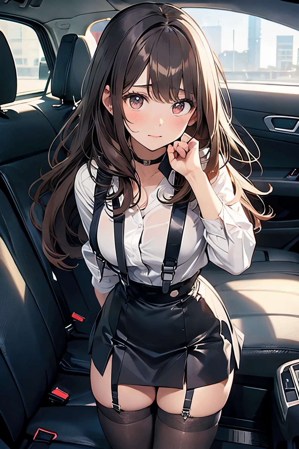 Brown hair、watching at viewers black suspenders Bulging big breasts walls: Black miniskirt garters Gaze Small face bangss holster Beautuful Women hands up レッグholster ベッドに横たわる Gaze 黒いブーツ Panchira provocation soio arm In the car Fold your hands behind your back belt dark face Panchira