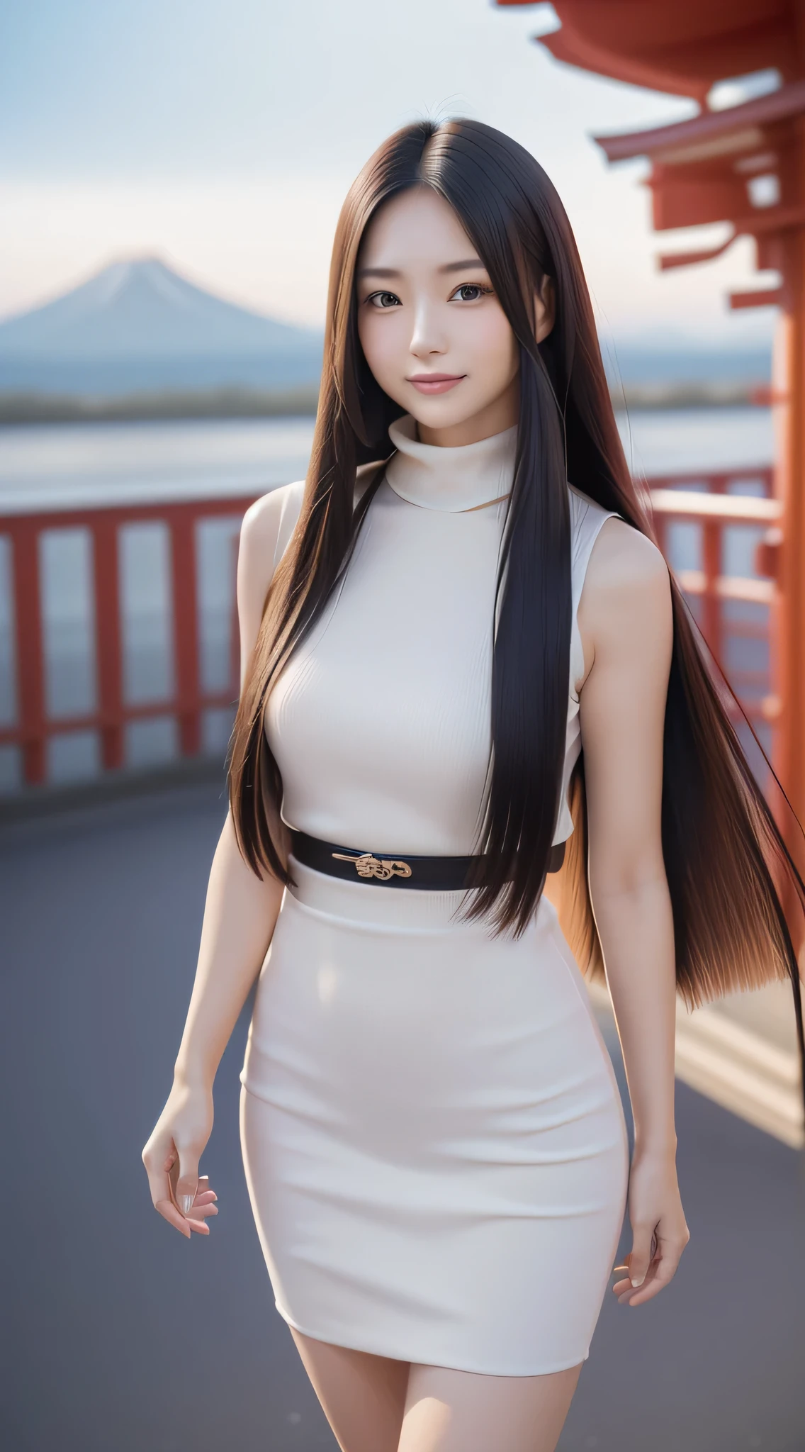 (Refreshing smile:1.5),(Look at viewers:1.1）,（hide one's hands:2.0）,(Beautiful Japan Woman）,（straight haired, Long hair, strong wind in the hair:1.5), （ High neck sleeveless , tight skirts:1.5), （high-heels;1.3), detailed  clothes, (Perfect female body), (Narrow waist:1.5), (Bust Up Portrait:1.3),   Dynamic Pose, Cinematic Light, 135 mm, Fuji Film,