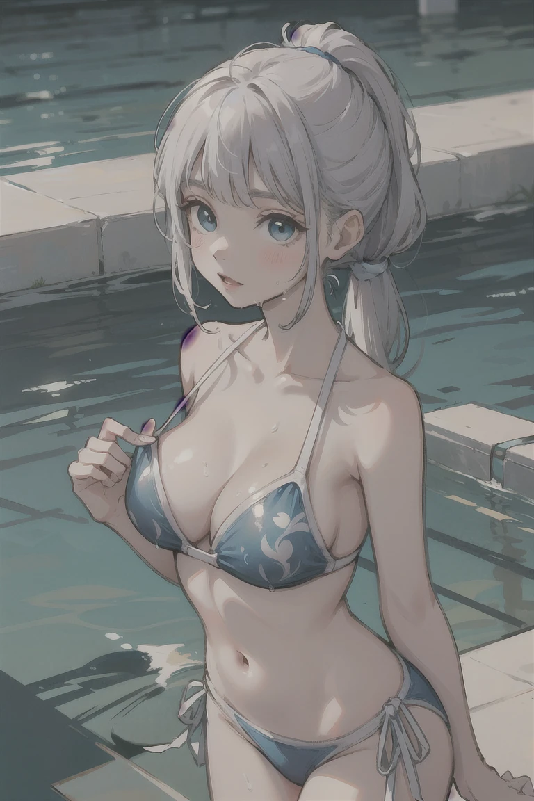 best quality, masterpiece, cutepainting, a woman in a bathing suit in the water, wet swimsuit, is wearing a swimsuit, water armor, blue scales covering her chest, in water up to her shoulders, stands in a pool of water, swimsuit, scales covering her chest, wearing two - piece swimsuit, neko, with blue skin, deep blue skin, water demon, silver hair (ponytail)