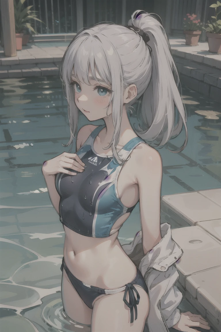 best quality, masterpiece, cutepainting, a woman in a bathing suit in the water, wet swimsuit, is wearing a swimsuit, water armor, blue scales covering her chest, in water up to her shoulders, stands in a pool of water, swimsuit, scales covering her chest, wearing two - piece swimsuit, neko, with blue skin, deep blue skin, water demon, silver hair (ponytail)