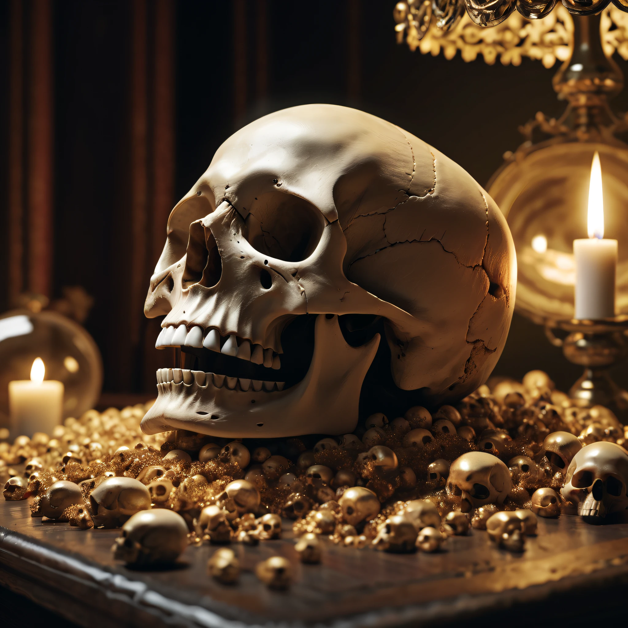 (Best Quality,8K,hight resolution,masutepiece:1.2),Ultra-detailed,Realistic Skull,detailed corpse,Strewn wad,the godfather,ominous lighting,Horror-themed,Single-color palette