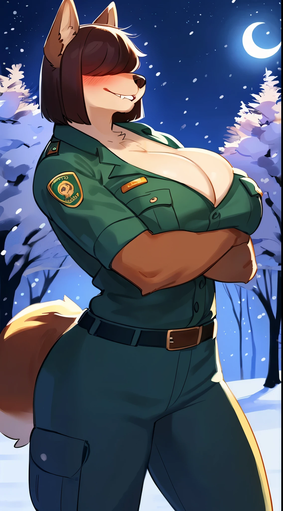 By bebebebebe, by lostgoose, by goonie-san, female, ((canine, snout, hair covering eyes, straight hair, medium hair, flat hair, ears, thin snout)), brown fur, big poofy tail, raised tail, dark maroon hair, (muscular, big breasts), solo, smiling, happy, standing, (park ranger uniform), forest, (blushing, biting lip, cleavage), snow, snowing, night time, moon