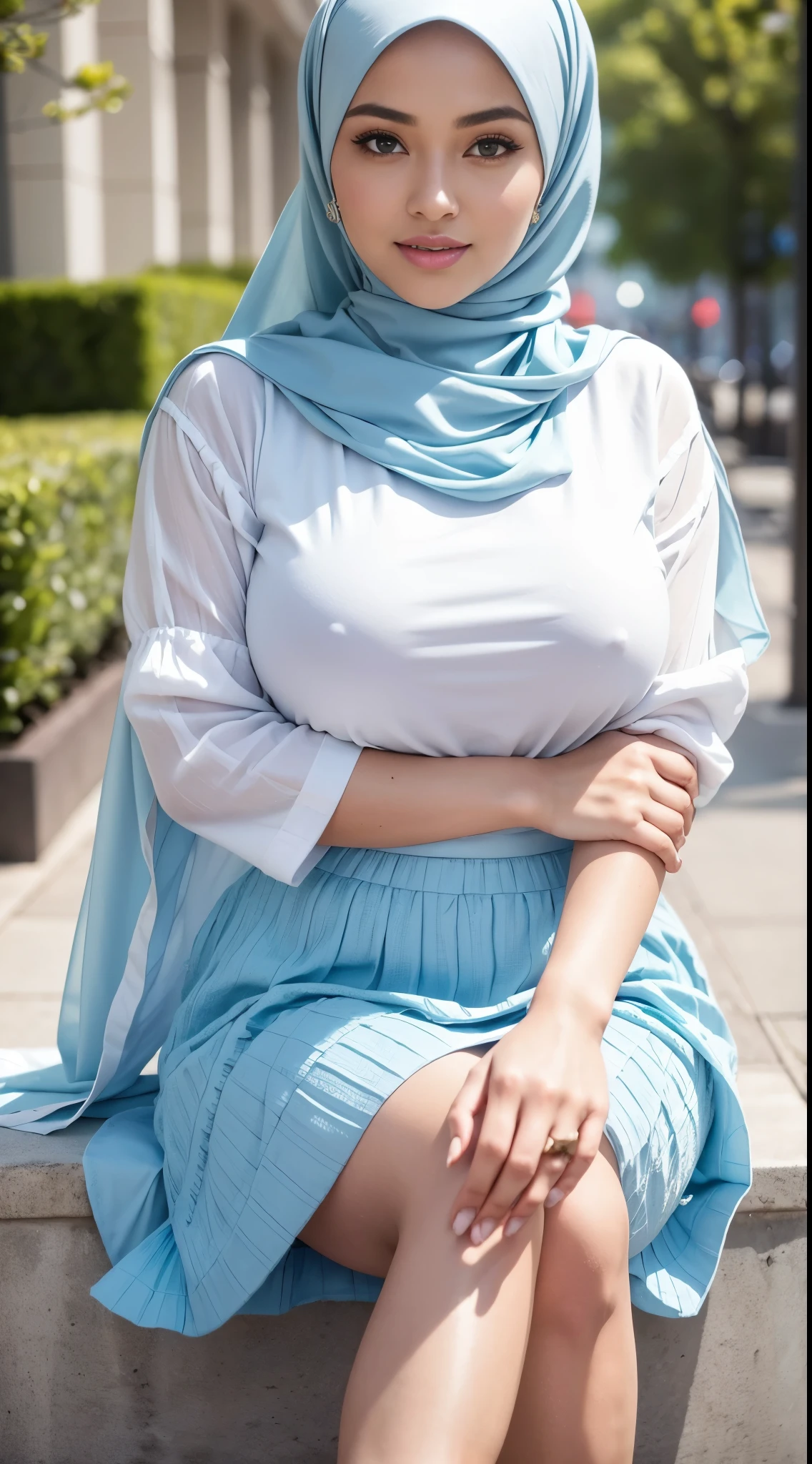 ( Close Up),RAW, Best quality, high resolution, masterpiece: 1.3), beautiful Malay woman in hijab,Masterpiece, perfect fit body, (big breast),big gorgeous eyes, Soft smile,thick thighs, beutifull face, woman sitting in a blue skirt and white top is walking down a sidewalk, pale blue outfit, flowing blue skirt, very beautiful style, modest!, light blue and white tones, intricate outfit, beautiful detailed elegant, white and pale blue toned, bluish and cream tones, pleated skirt, white and pale blue, well - detailed outfit, modestly dressed , Excellent lighting, Bright colors, Clean lines