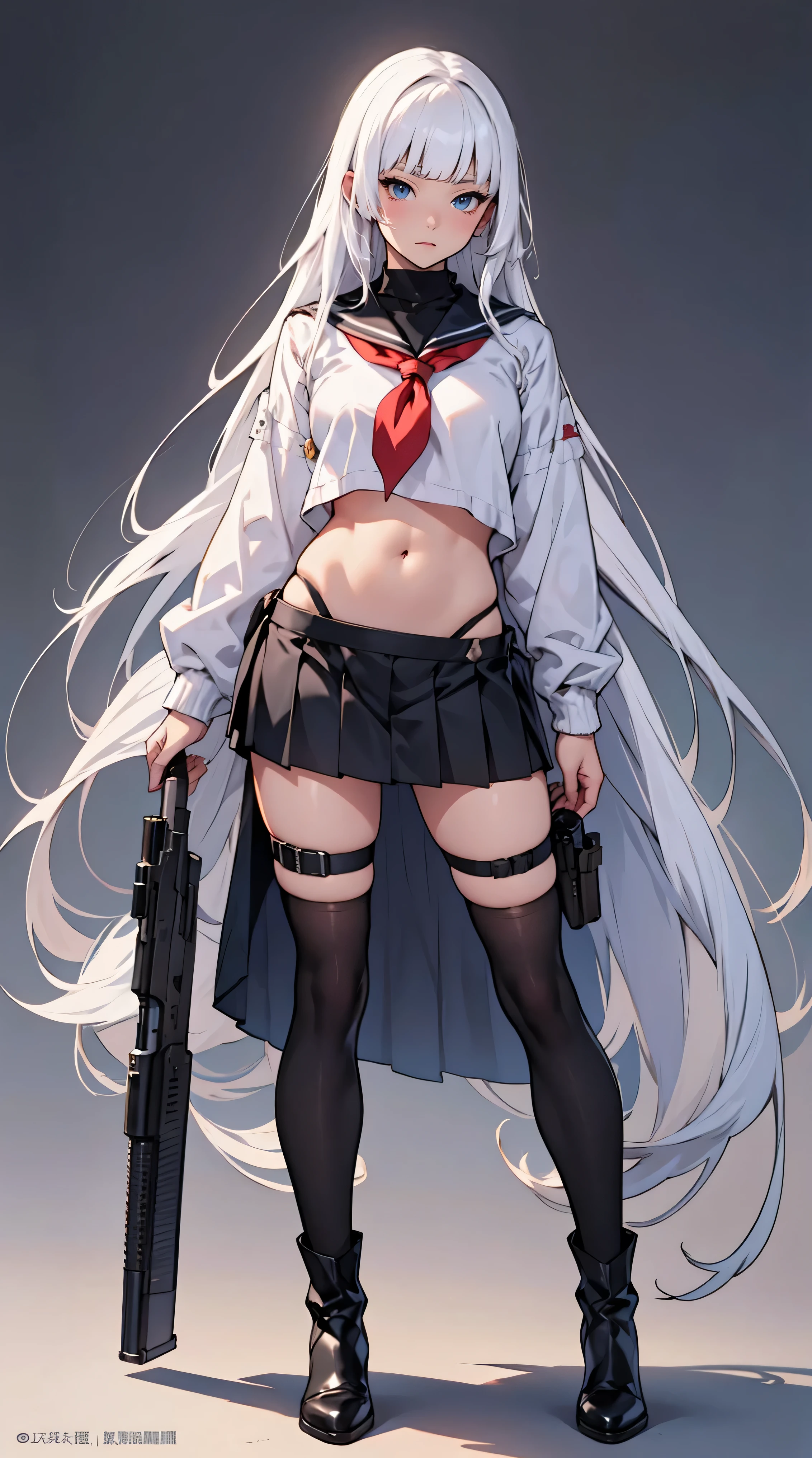 ((Long sleeve sailor suit)),to stand,((Full body)),top-quality、masterpiece、Hi-Res、(((女の子1人)))、masutepiece, quality of hike,(White background)、(beautiful a girl) ,animesque,2D、((white hair))、blue eyess,albino,Princess style,Straight hair,hime-cut,bluntbangs,Draped Hair,cascading hair,Flowing hair,(black thighhighs socks)),long boots,(slender)、open belly、Black pleated skirt、((gun holster))