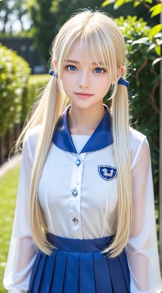 portlate、School Uniforms、bright expression、poneyTail、Young shiny shiny white shiny skin、Gloss Face、Teak Gloss、Best Looks、Blonde reflected light、Platinum blonde hair with dazzling highlights、shiny light hair,、Super long silky straight hair、Beautiful bangs that shine、charming big clear blue eyes、Very beautiful nice cute 16 year old girl、Lush bust