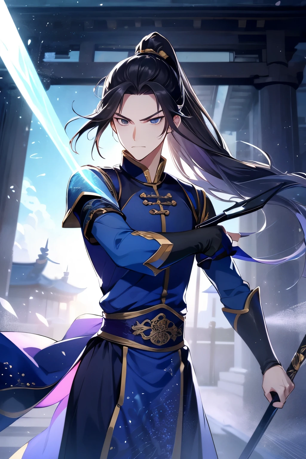 Best quality，tmasterpiece，16k,a boy holding a sword，Fighting posture，blue clothes，Hanfu，Long hair and high ponytail，natta，rays of moonlight，Asian architecture，Elaborate Eyes，scowling，worry，xianxia，Upper part of the body，